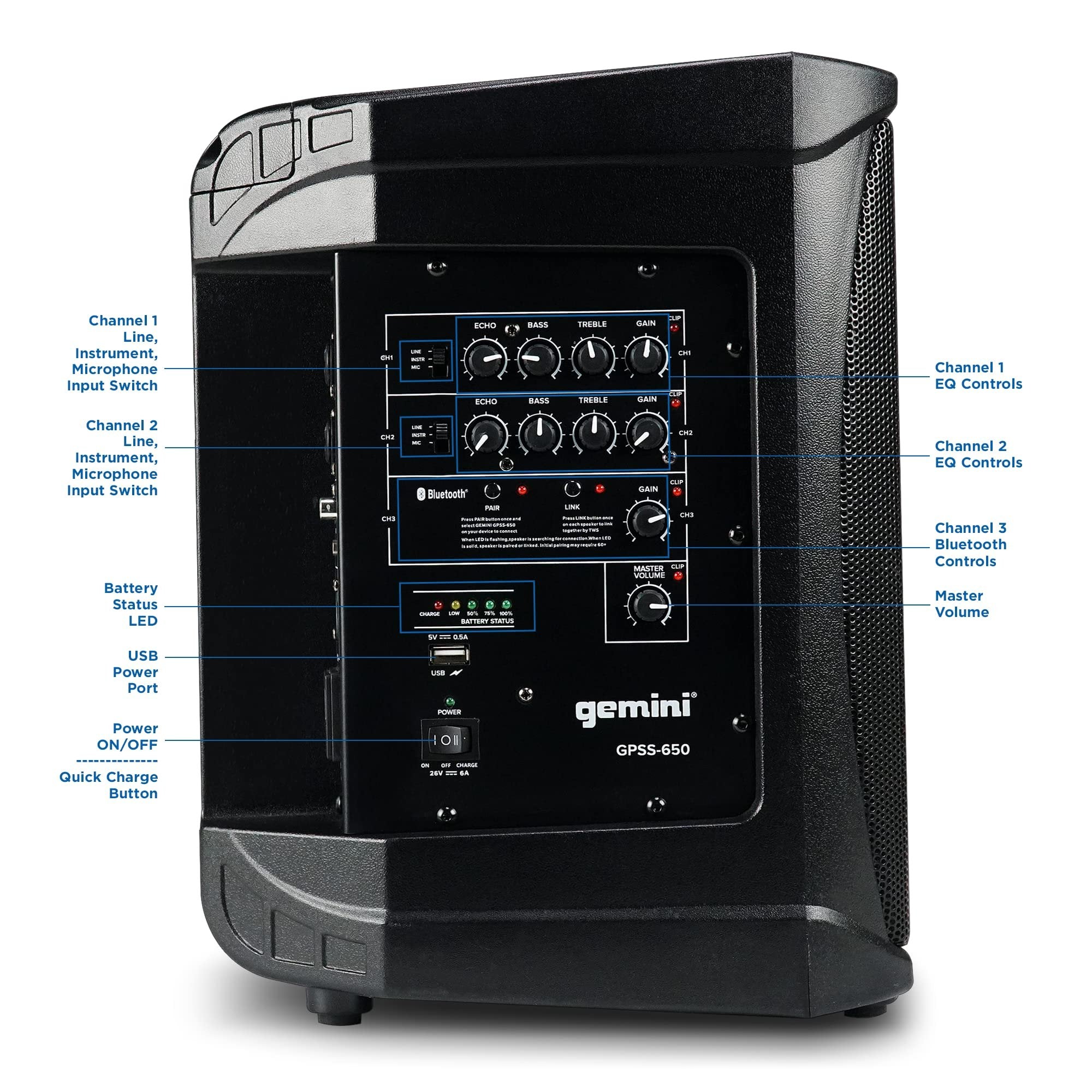 Gemini Sound GPSS-650 Ultra-Portable 200W PA System with 6.5" Woofer, Bluetooth, TWS Link, 12+ Hour Battery Life, Dual Inputs, and DSP Effects – Perfect for DJs, Musicians and Public Address