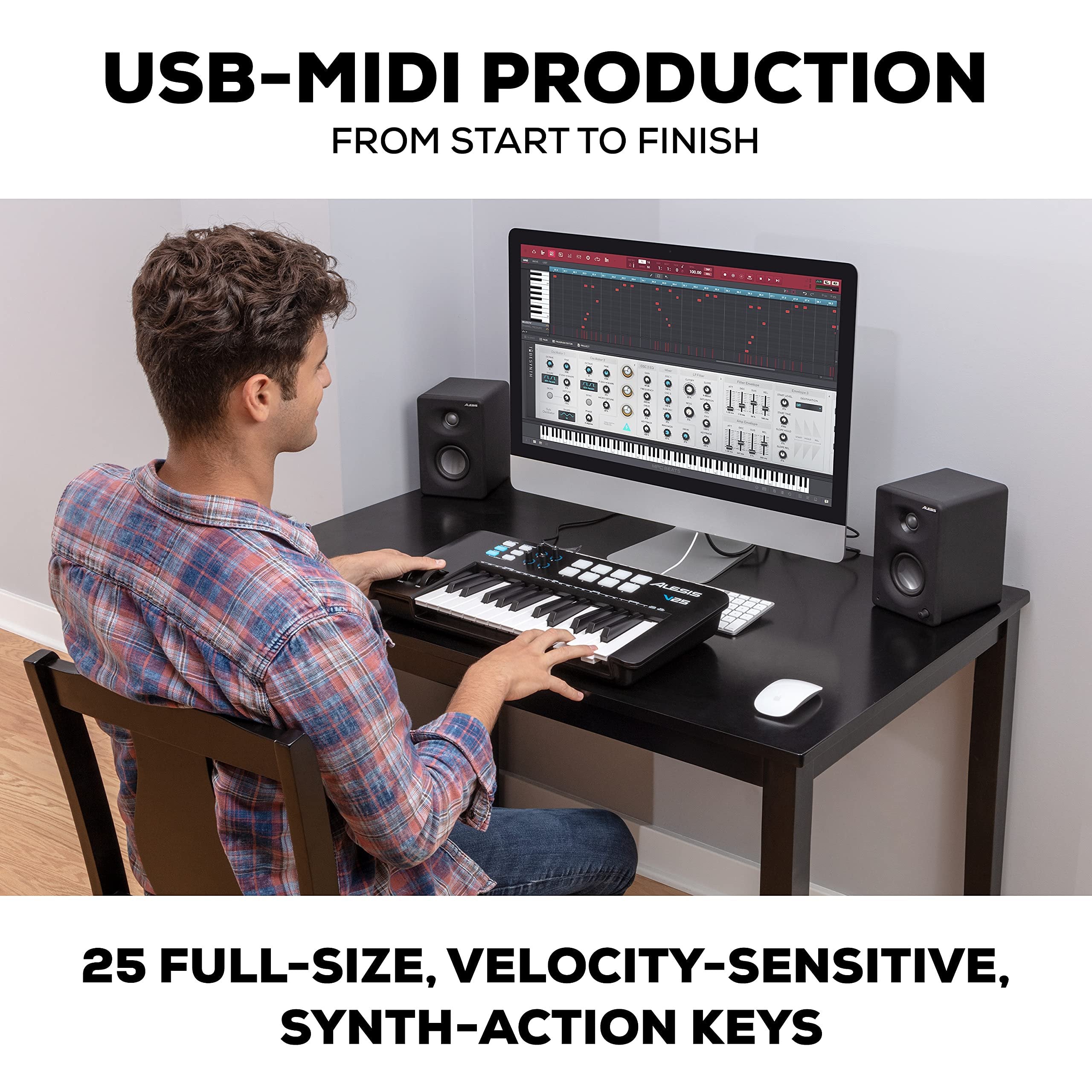 Alesis V25 MKII USB MIDI Keyboard Controller with 25 Velocity Sensitive Keys, 8 Full Level Pads, Arpeggiator, Pitch/Mod Wheel, Note Repeat and Software Suite,black