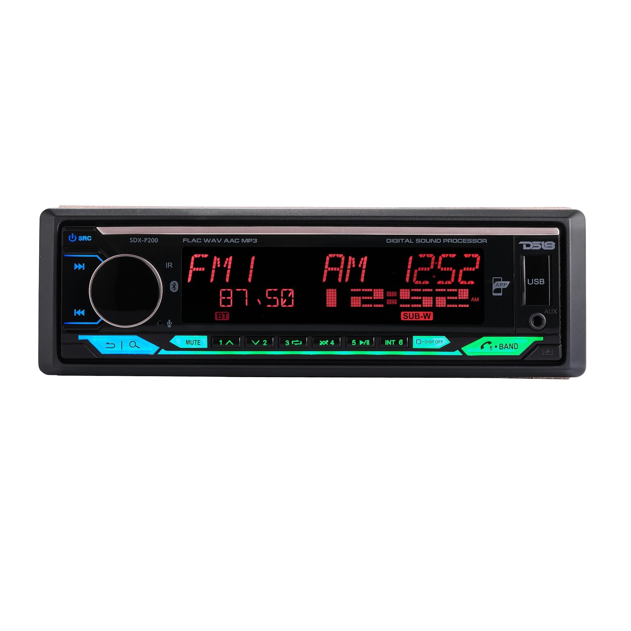 DS18 SDX-P200 Digital Media Receiver Single Din, Car Stereo Radio DSP, High Power 4 x 60 Watts, APP, Bluetooth Audio and Calling, Aux Input, USB, Mechless, AM/FM, 3V + 3.5V Subwoofer