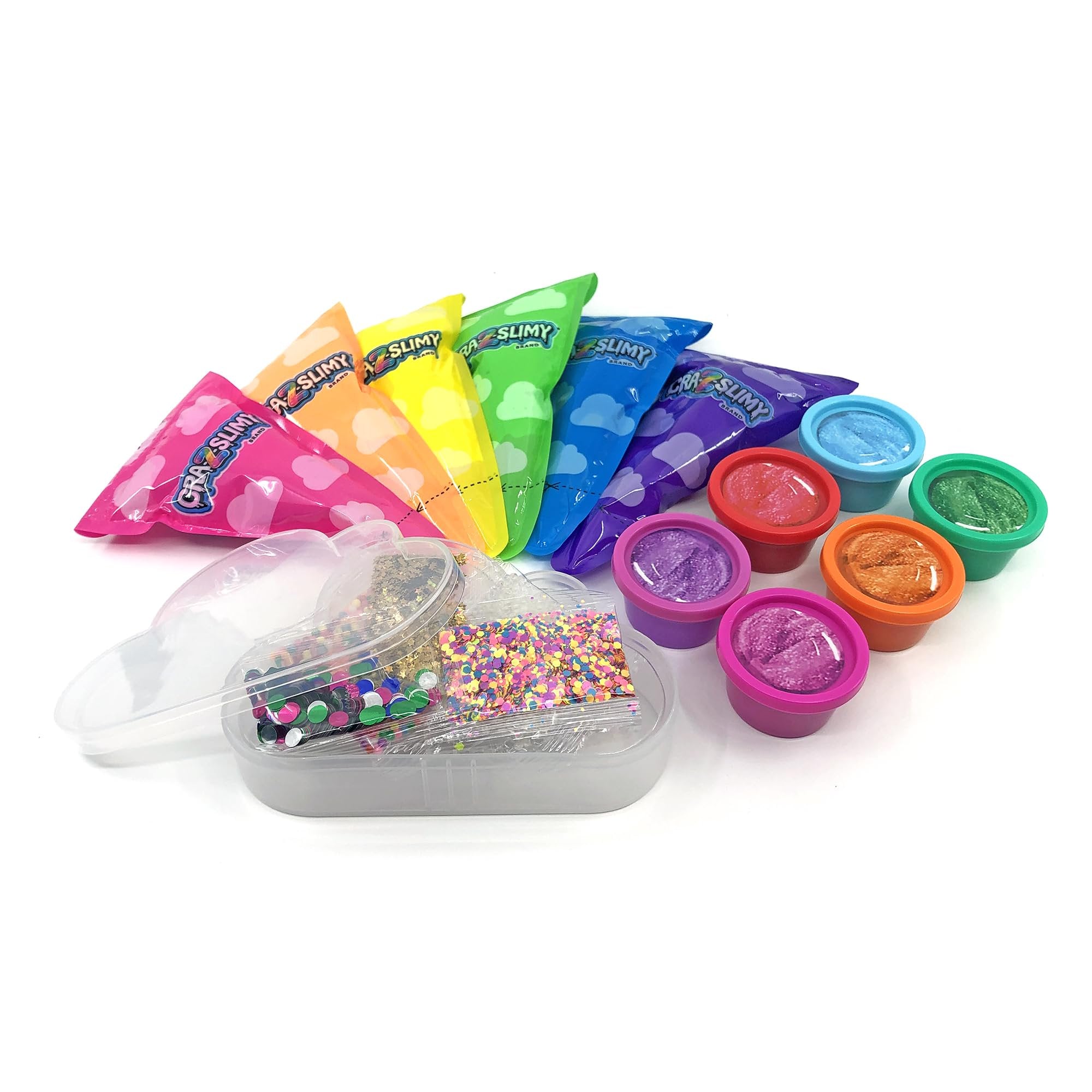 CRA-Z-Slimy Over The Rainbow Slimy Creations Kit, 12 Pre-Made Rainbow Slimes with Piping Bags, Glitter Charms & Cloud Container, Party Slime Kit for Kids Ages 6+