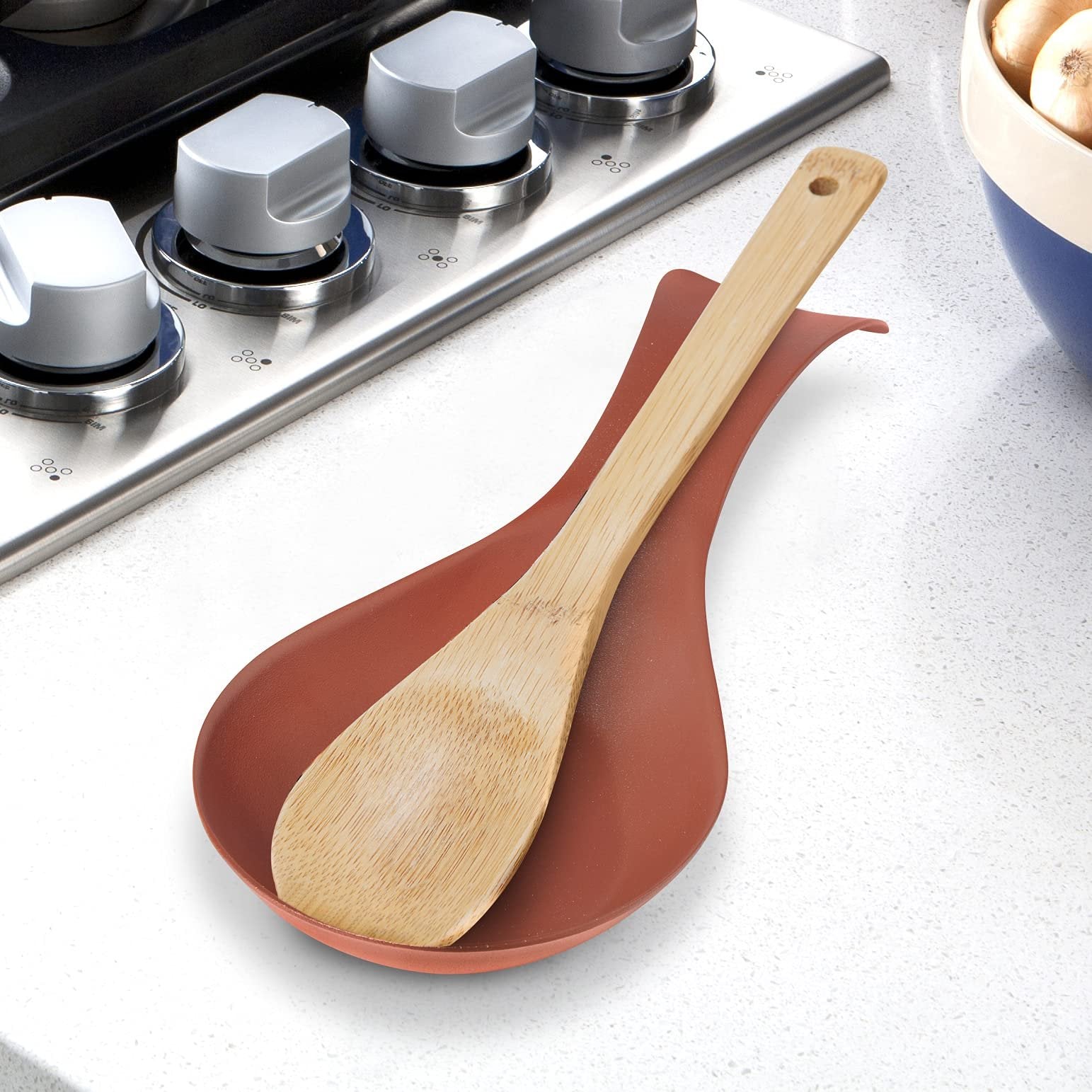 OGGI Stainless Steel Spoon Rest- Long Handle Holds Kitchen Utensils in Place, Great Spoon Rest for Kitchen Counter, Stove Top, or Coffee Station; Kitchen Accessories, Utensil Rest, Brick red
