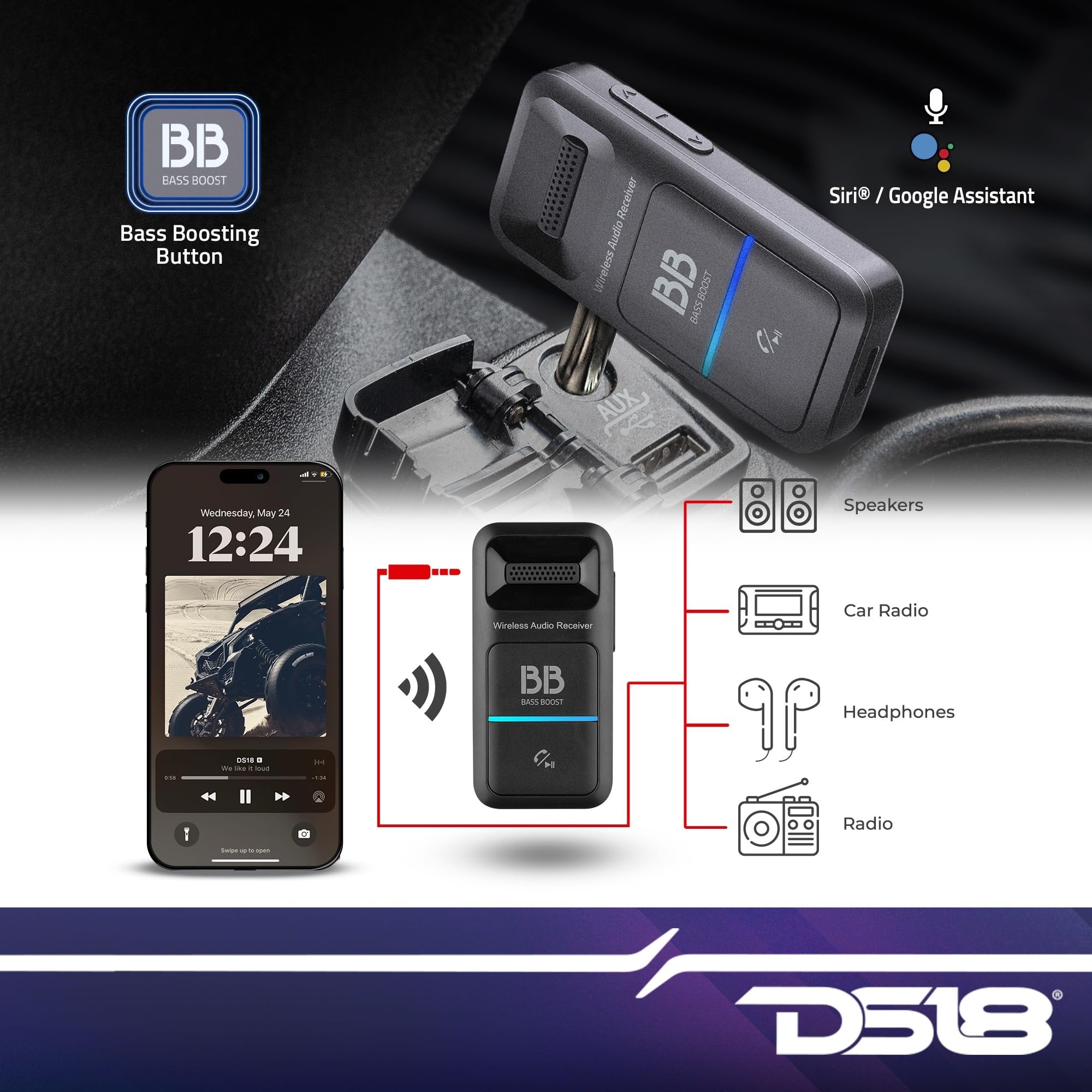 DS18 BR1 Wireless Bluetooth 5.3 Receiver for Car, Home, TV, PC, Headphones - Noise Cancelling, Hands-Free Call, Siri/Google Compatible, Audio Adapter 3.5mm Aux, Bluetooth Music Receiver