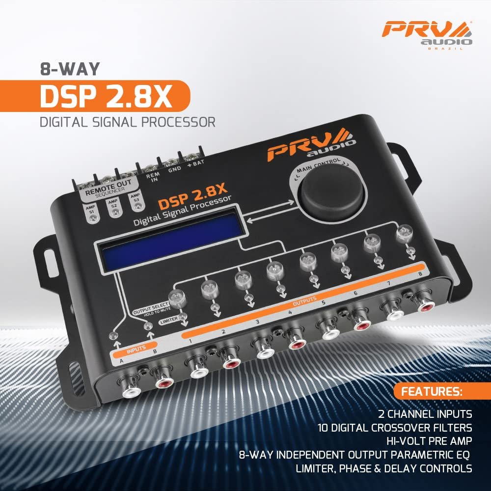 PRV AUDIO Car Audio DSP 2.8X Digital Crossover and Equalizer 8 Channel Full Digital Signal Audio Processor DSP with Sequencer Remote Relay