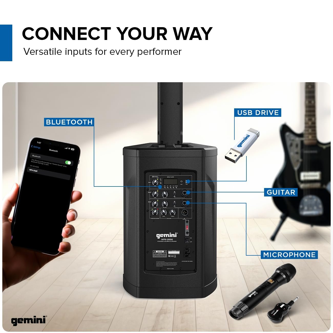 Gemini Sound WPX-2000 Active Column Line Array Speaker 1200W Peak Power Portable PA, Bluetooth, TWS Link, Adjustable Reverb, High-Fidelity Neodymium Drivers for DJs, Parties, Live Performances