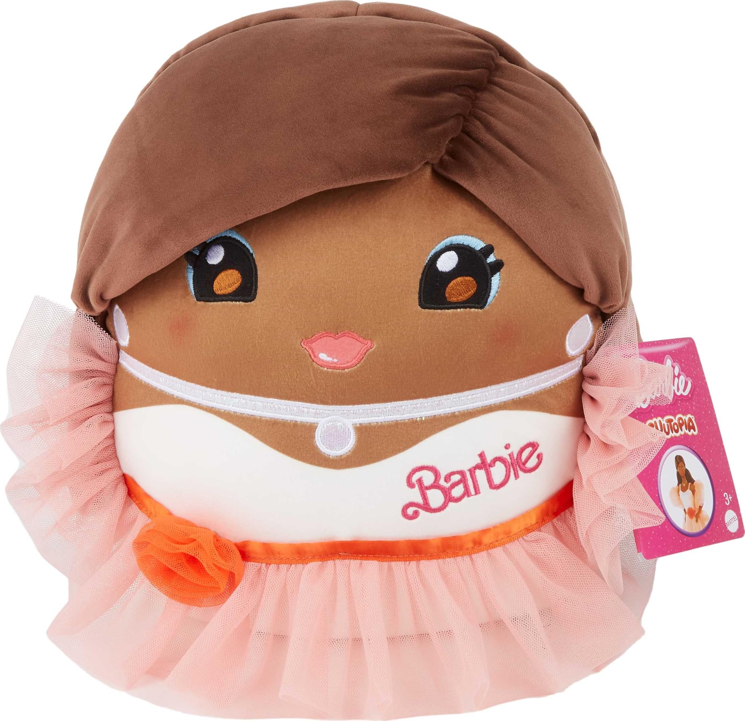 Barbie Cuutopia Plush, 10-inch Soft Pillow Doll Inspired by Iconic ‘80s Peach Gown with Tactile Ruffle Sleeves & Long Hair, Collectible Toy