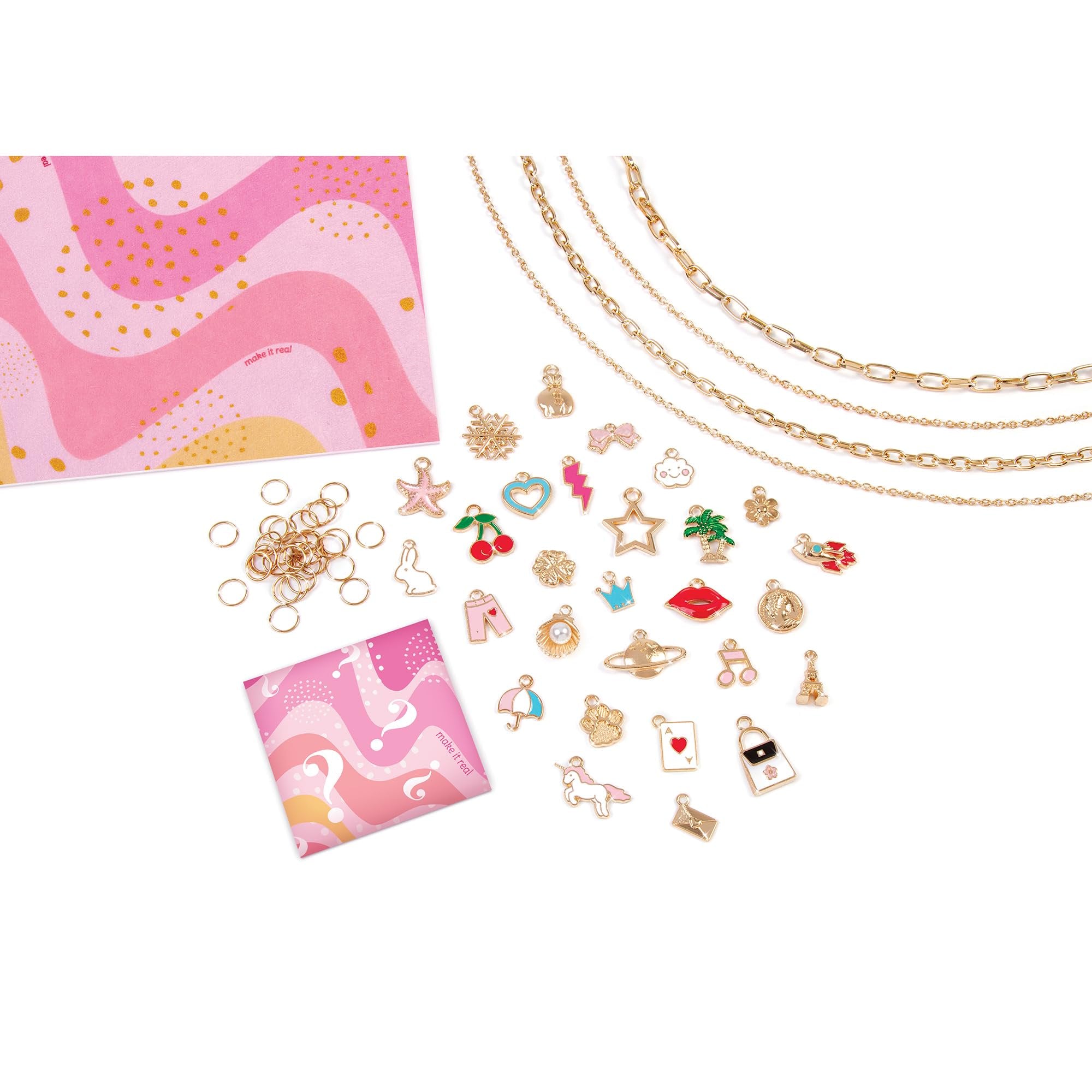 Make It Real: Handful of Charm - 70 pc DIY Jewelry Set, 4 Chain Lengths, Design & Create, Charm Necklace & Bracelet Craft Kit, Girls & Kids Age 8+