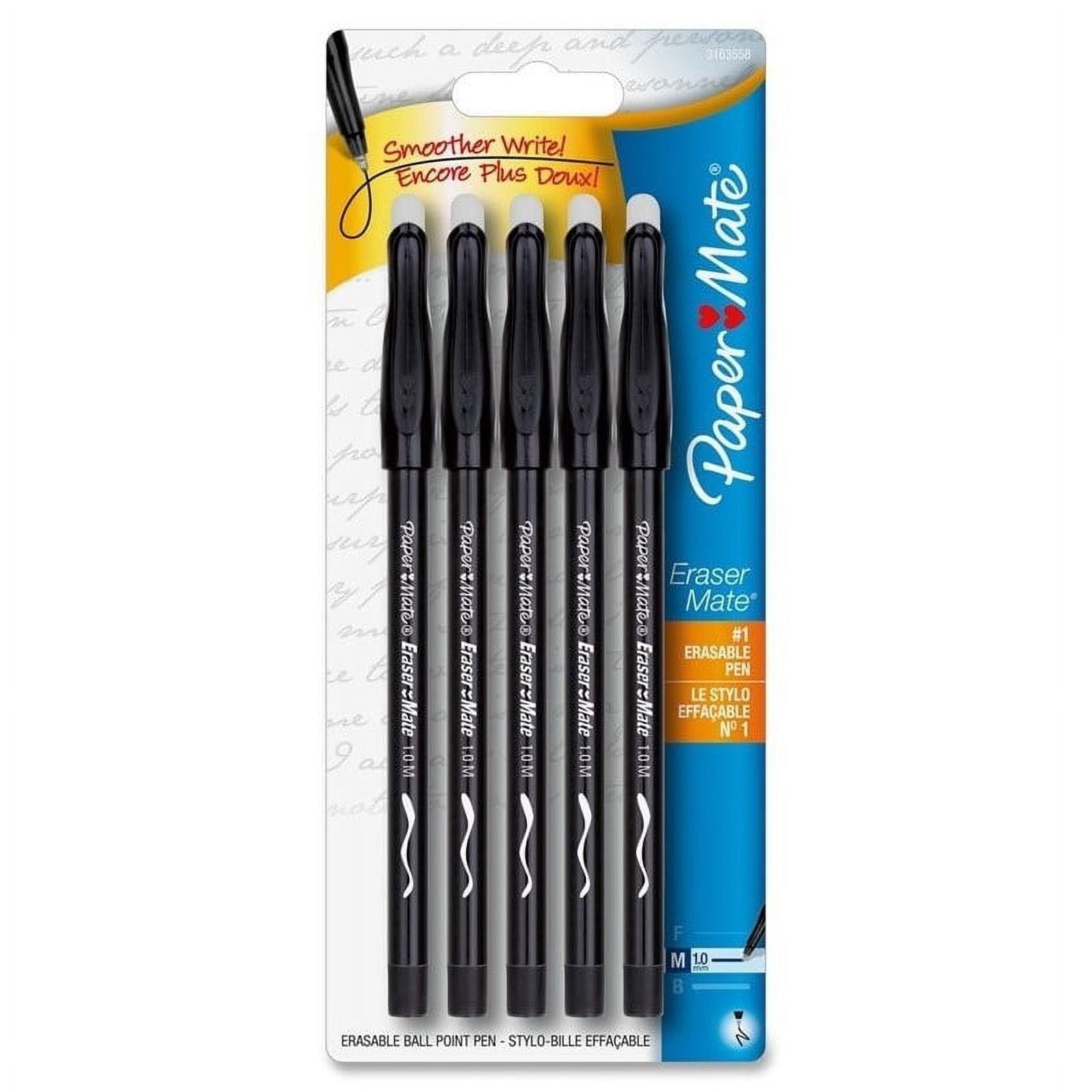Paper Mate EraserMate Erasable Pens, Ballpoint Pens, Medium Point (1.0mm), Black, 5 Count