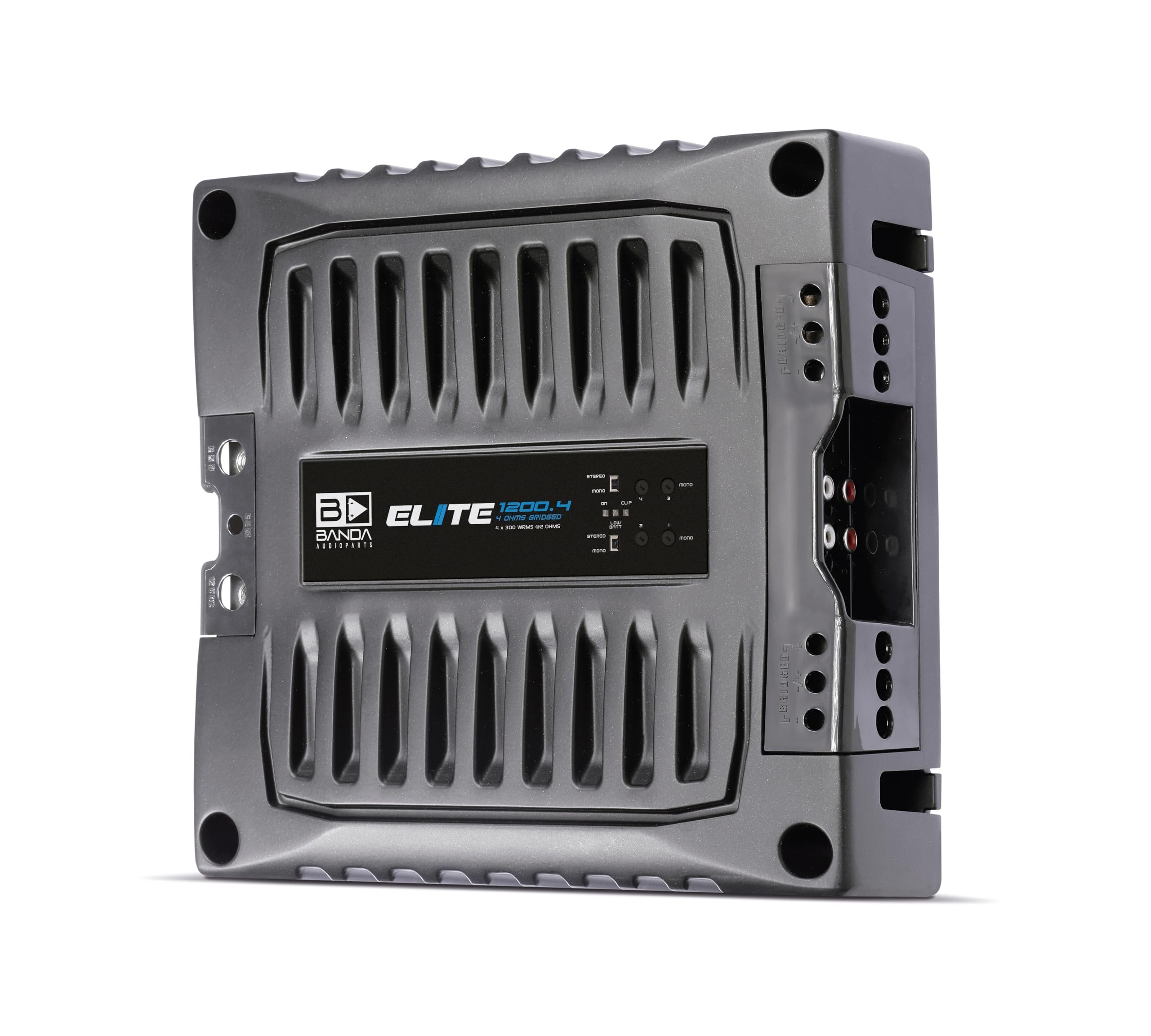 BANDA Audioparts ELITE1200.42OHMS 4-Channel Vehicle Audio Amplifier 4 x 300 Wrms 2-Ohms Car Amp with Highpass Filter and Low Pass Filter - 1200.42OHM