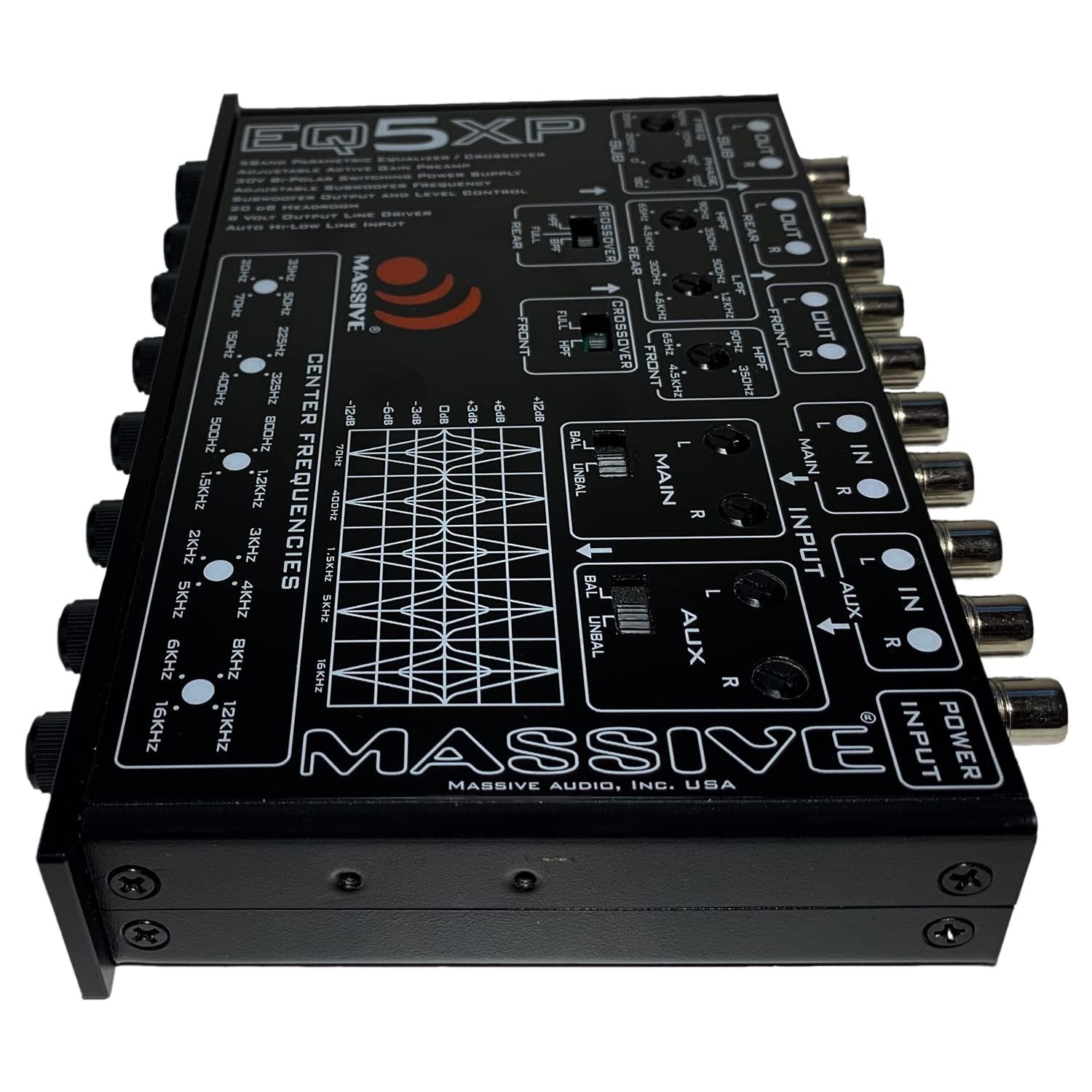 Massive Audio EQ5XP - 5 Band Car Audio Parametric Equalizer and Crossover with Active Front Stage, 6 Channel Output for Quick subwoofer Control and a bandpass Crossover for Your Rear Channels
