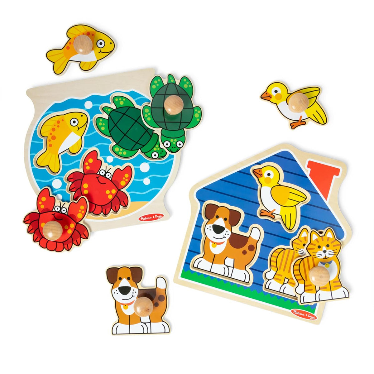 Melissa & Doug Wooden Jumbo Peg Puzzle 2-Pack – Fish Bowl, House Pets, 3-Piece for Toddlers Boys and Girls, Ages 1+ Years