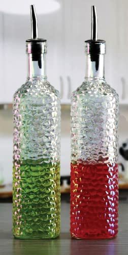 Circleware Radiance Pearl Hammered Oil and Vinegar Glass Dispenser Bottles, Set of 2, 17.5oz, Clear