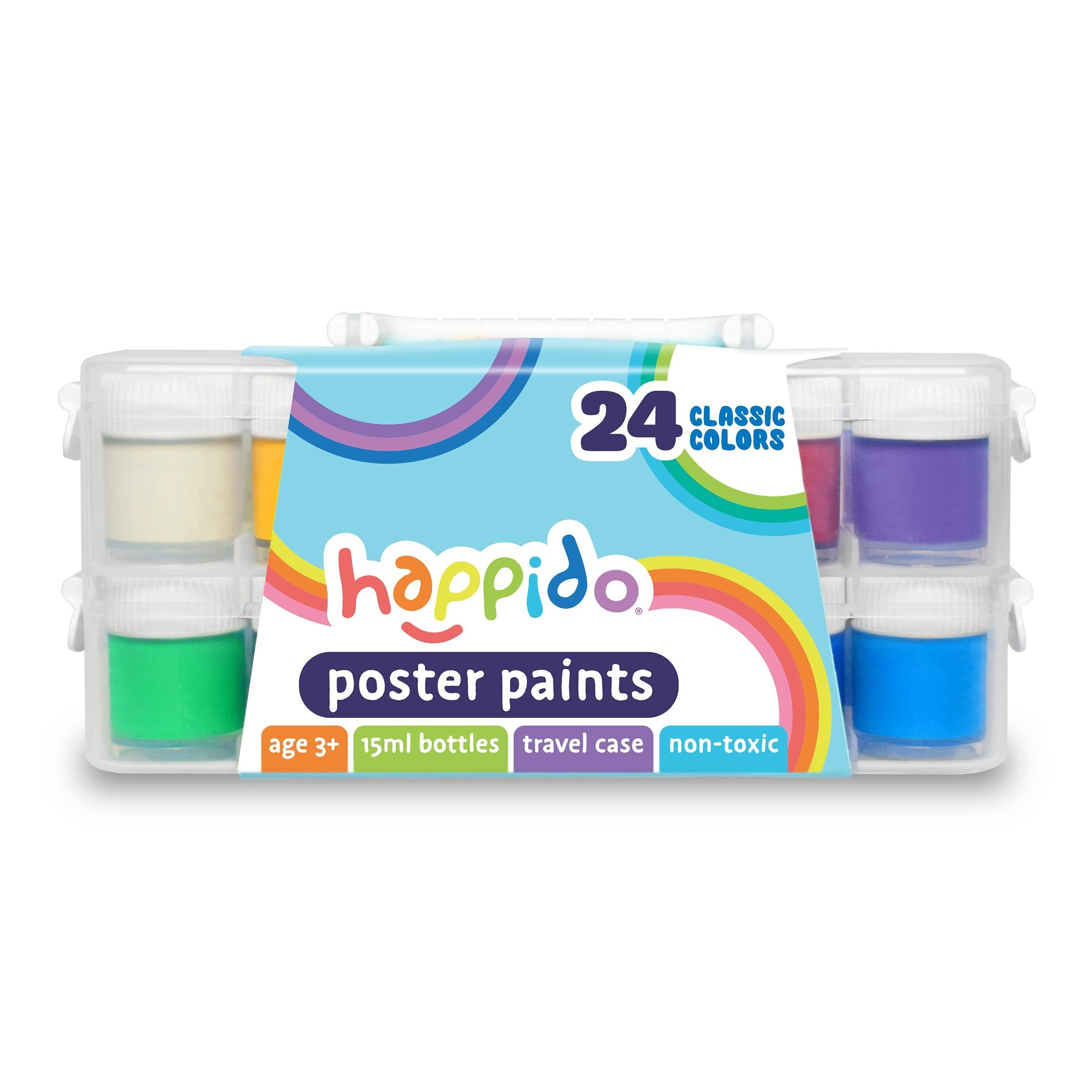 Happido Poster Paints, 24 Classic Colors - Non-Toxic Brightly Colored 15 ml Paint Bottles, Great for Craft Projects and Coloring, Comes with Carry and Storage Case, Art Supplies for Kids of All Ages