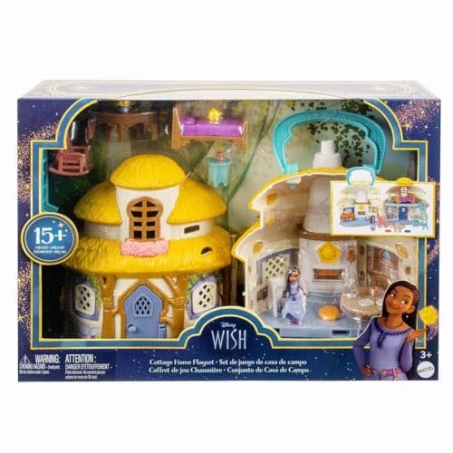 Mattel Disney Wish Micro Doll & Doll House Playset, Asha of Rosas Cottage with Asha Doll, Star Figure & 15+ Furniture & Accessories, Travel Toy