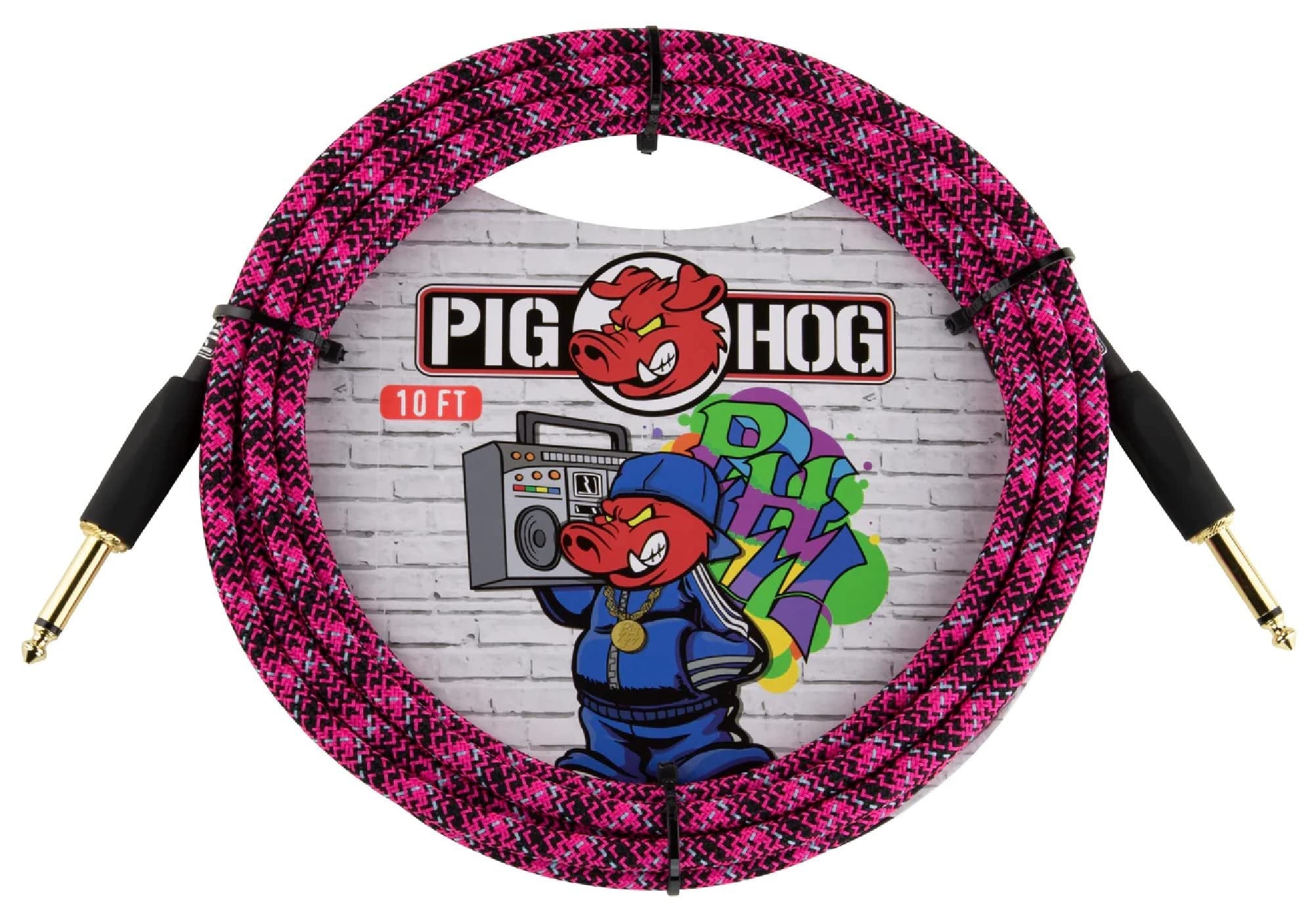 Pig Hog PCH10GPK Pink Graffiti High Performance Instrument Cable 10-Feet Unique Woven Outer Covering Gold Plated 1/4" Straight Connectors