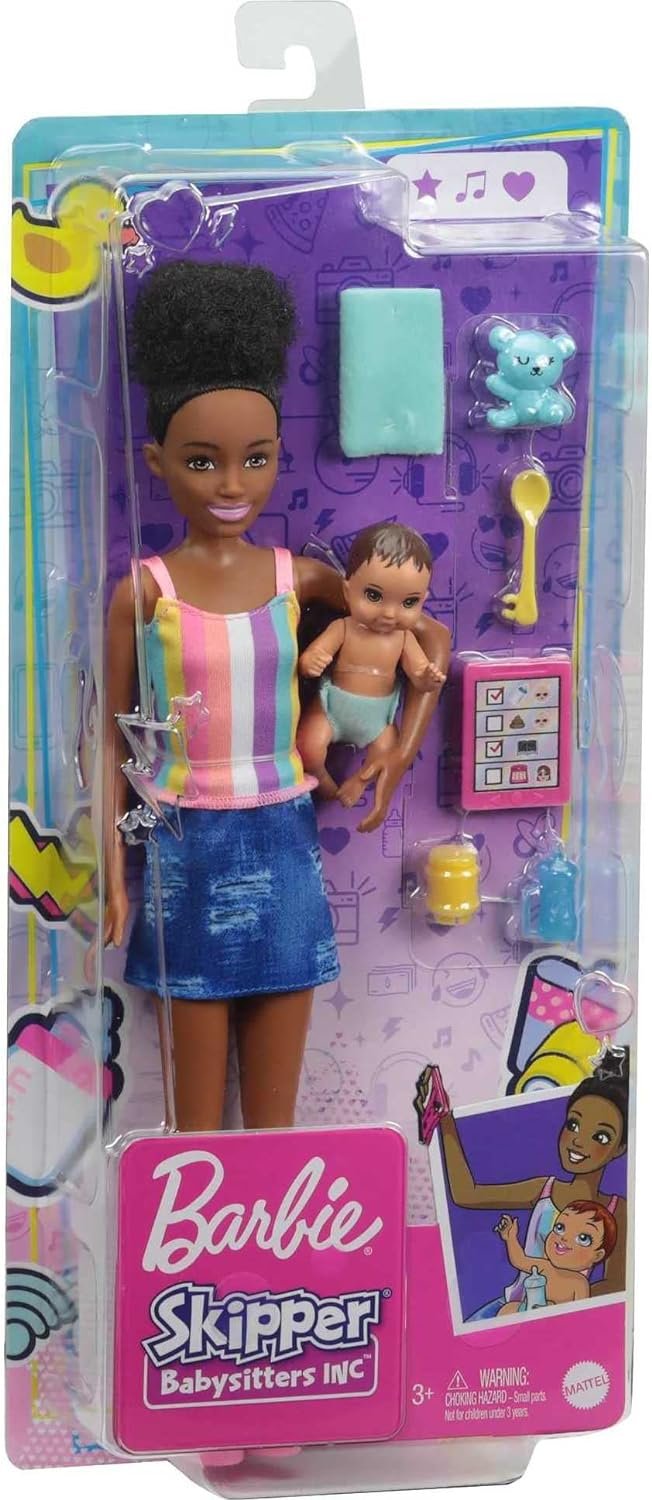 Barbie Skipper Babysitters Inc. Doll & Accessories Set with 9-in Brunette Doll, Baby Doll & 4 Storytelling Pieces for 3 to 7 Year Olds