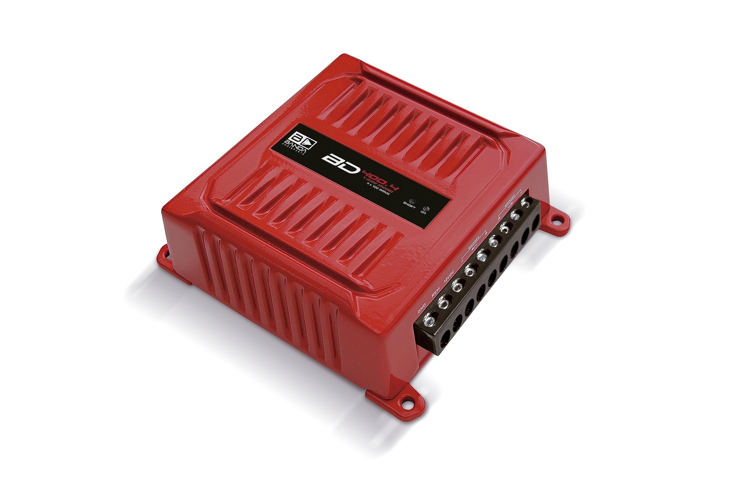 Banda Audioparts BD400.4RED Four Channel 4 x 100 Watt Rms Full Range Car Audio Amplfier 4 Ohms Bridged with Optional Use Low or High Pass Filters Red