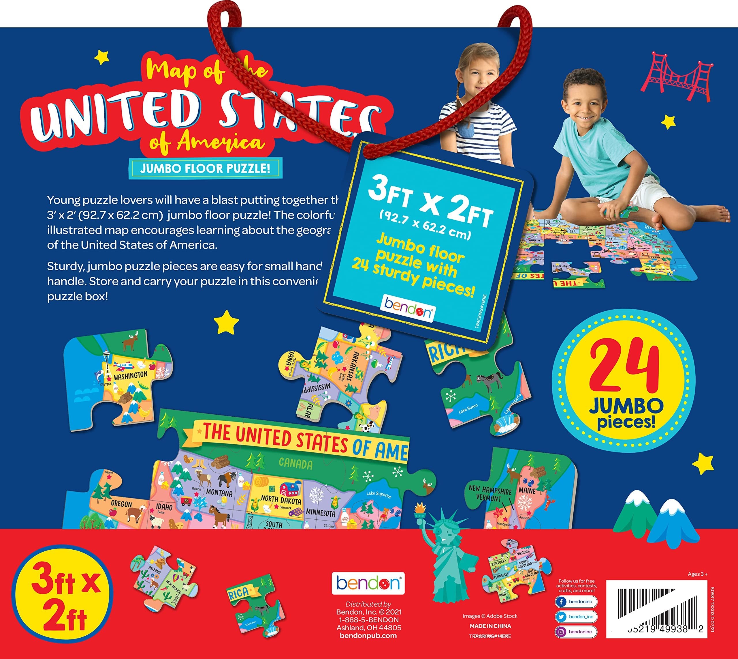 Bendon United States of America Map Jumbo Jigsaw Floor Puzzle (24 pcs, 3 x 2 feet Long) - Kids Map Puzzles, Large Floor Puzzles for Preschoolers and Kids Ages 3+