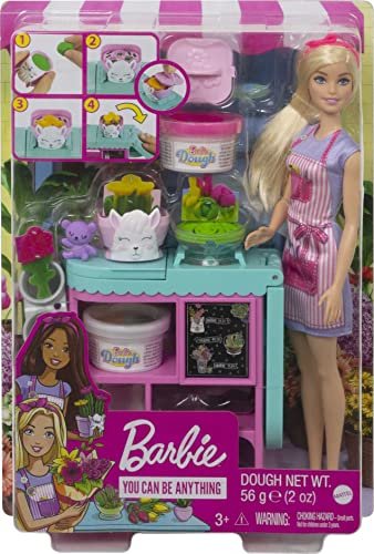 Barbie Florist Doll & Playset, Flower-Making Station with Molds, 3 Dough Colors & Accessories, Blonde Fashion Doll