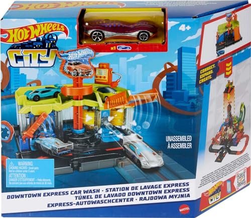Hot Wheels City Toy Car Track Set, Downtown Express Car Wash Playset with 1:64 Scale Vehicle, Foam Roller & Drying Flaps