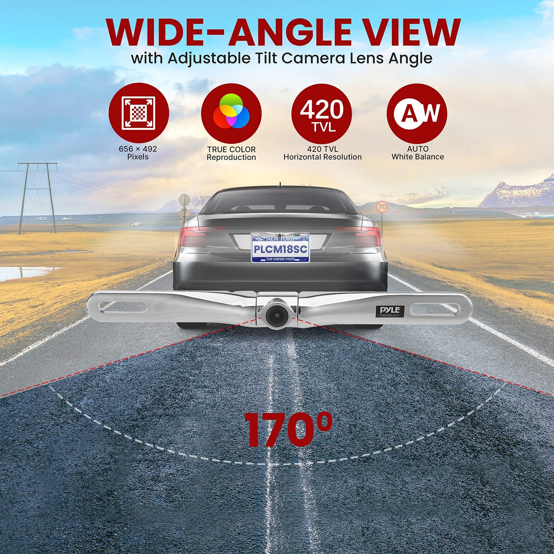 Pyle License Plate Rear View Camera - PLCM18SC Built-in Distance Scale Lines Backup Parking/Reverse Assist Waterproof Adjustable Slim Bar Cam w/ 420 TVL Resolution & RCA Output Zinc Metal Chrome