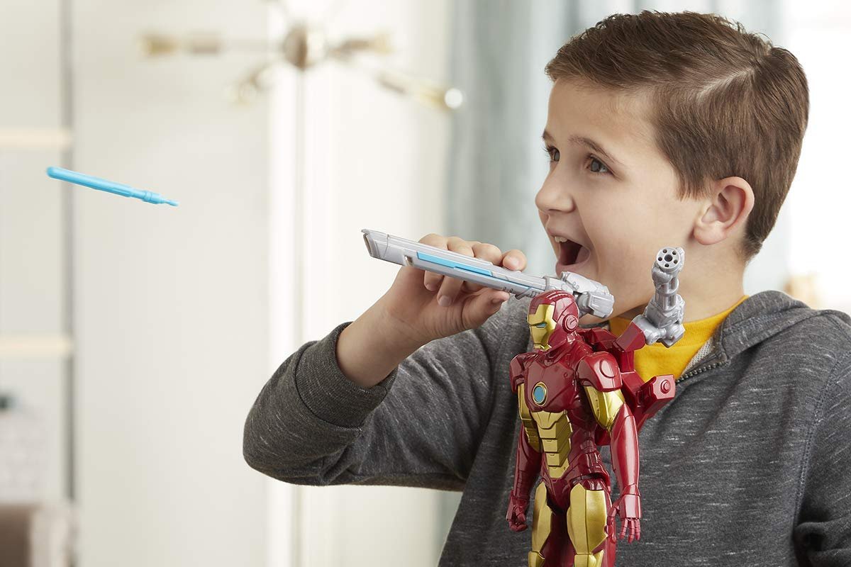 Avengers Marvel Titan Hero Series Blast Gear Iron Man Action Figure, 12-Inch Toy, with Launcher, 2 Accessories and Projectile, Ages 4 and Up, Red