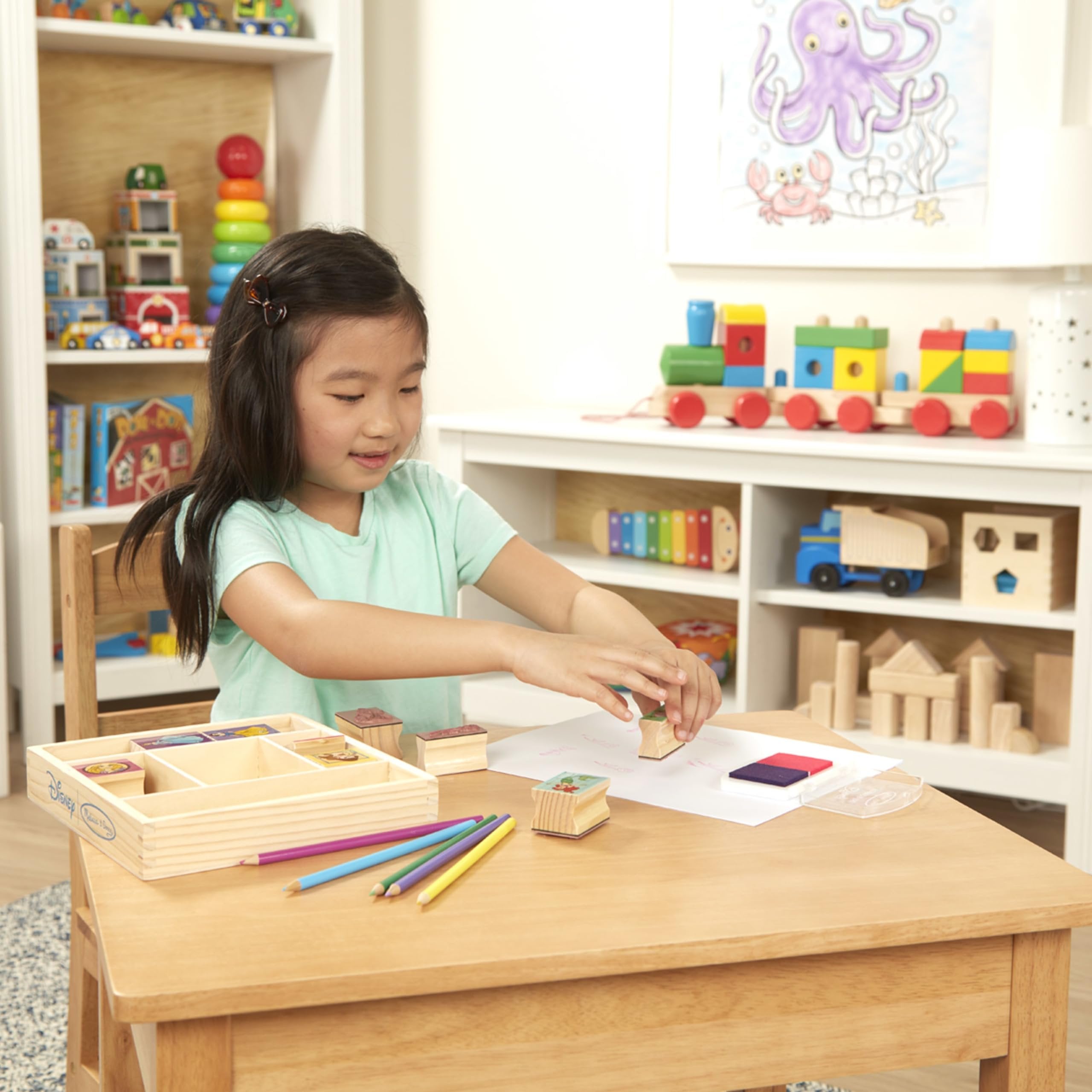 Melissa & Doug Disney Princess Wooden Stamp Set: 9 Stamps, 5 Colored Pencils, and 2-Color Stamp Pad