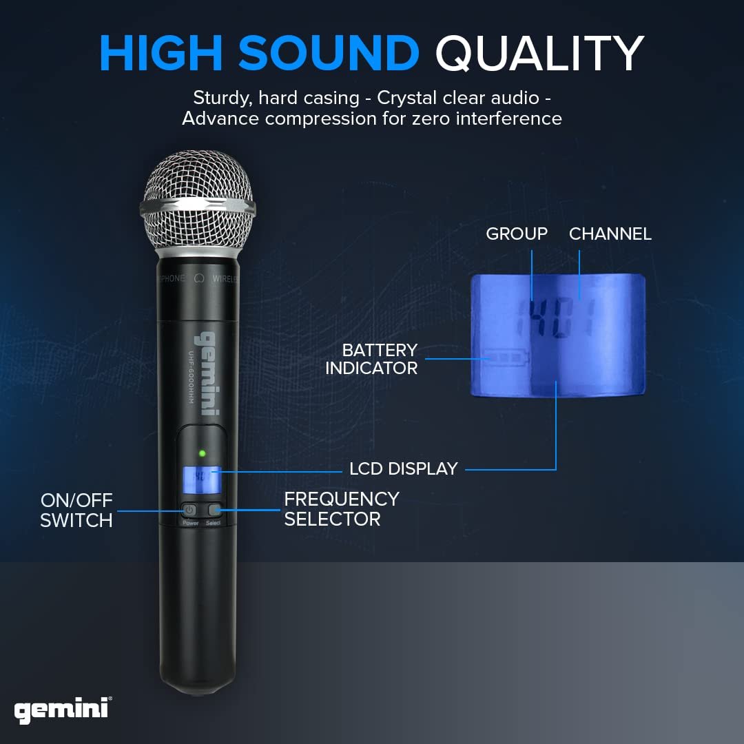 Gemini, Single Wireless Microphone System, Professional Handheld Long Range (150 Ft) Mic Set for DJ, Church, Karaoke, Gym, XLR Connector, 1 microfono (UHF-6100M-R2)