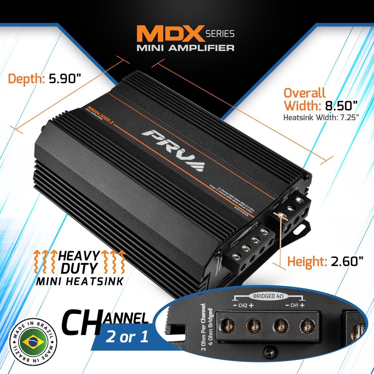 PRV Audio MDX2000.2 2 Ohm Mini 2 Channel Car Audio Amplifier 2X 1000 Watts RMS at 2 Ohm - Bridged 1CH 2000 Watt at 4 Ohm for Powersports, Motorcycles, ATV, for High Power Stereo Speaker Systems