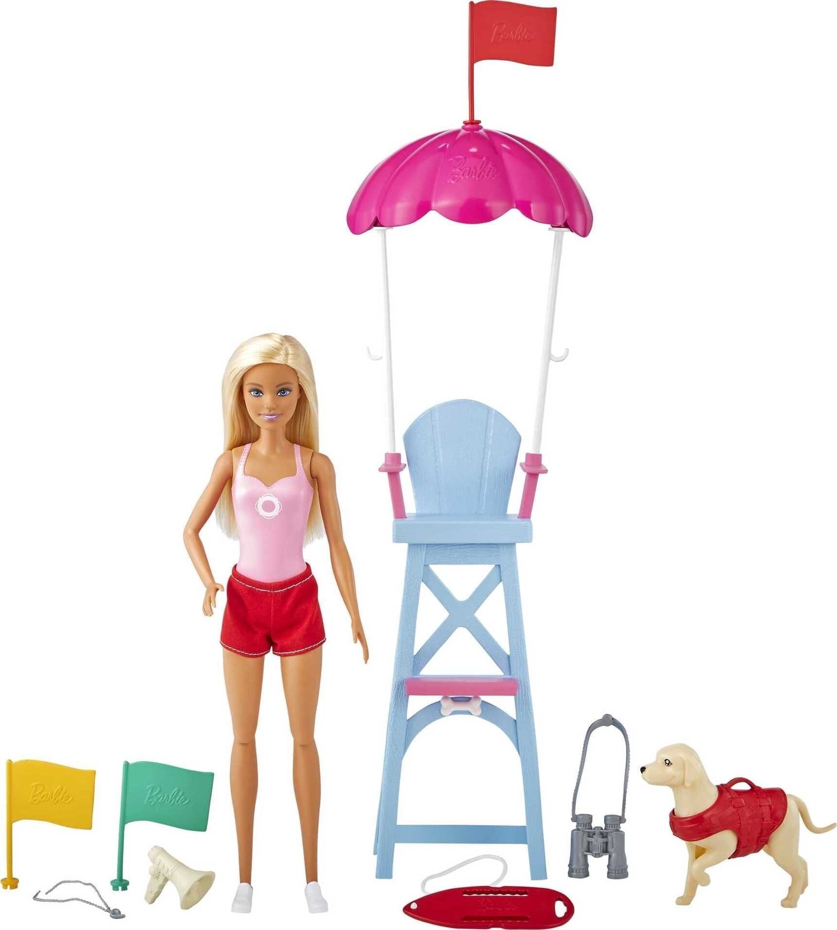Barbie Career Lifeguard Playset, Blonde Doll, Swim Outfit, Lifeguard Chair, Umbrella, Megaphone, Binoculars, 2 Flags, Dog Figure and More