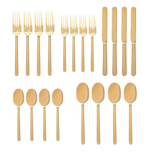 Godinger 20 Piece Flatware Set with 4 Dinner Forks, 4 Salad Forks, 4 Tablespoons, 4 Teaspoons and Knifes, 18/0 Stainless Steel Rail Gold, Set of 4