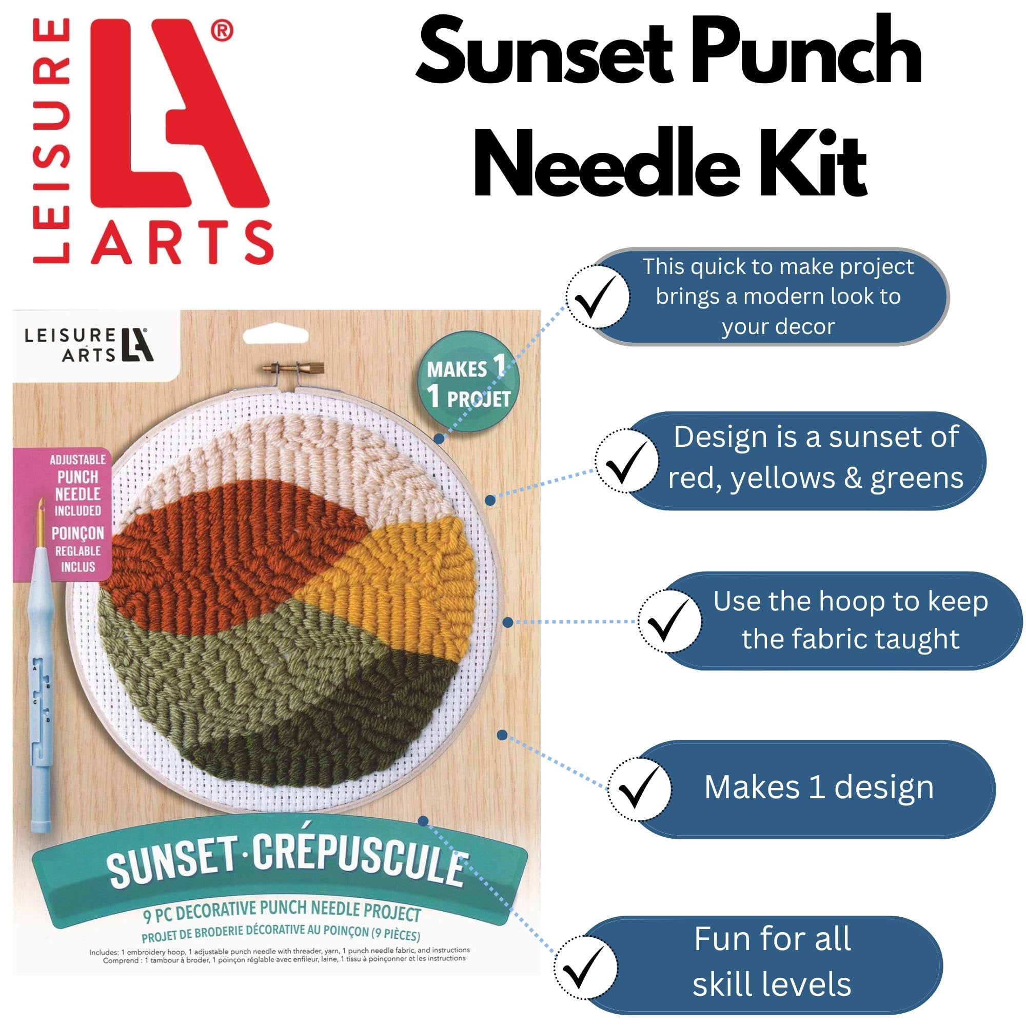 LEISURE ARTS Punch Needle Kit, Sunset, Punch Needle Kit, Kits Adults Beginner, Embroidery Kit for Beginners