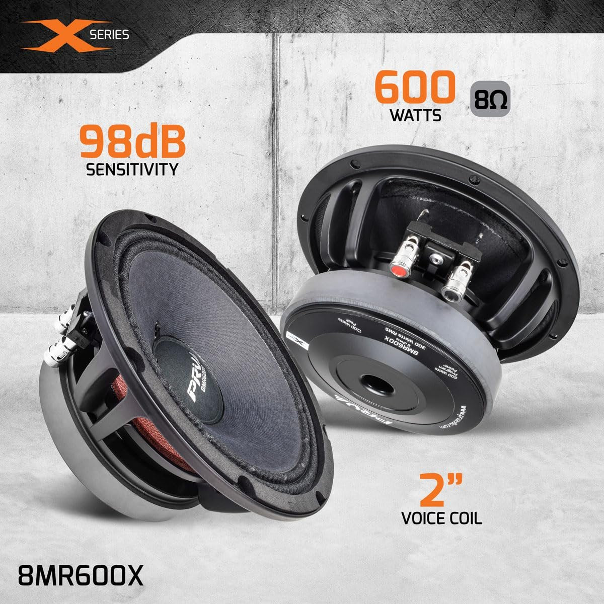 PRV AUDIO 8 Inch Midrange Speaker 8MR600X, 600 Watts Program Power, 8 Ohm, 2 in Dual Layer Voice Coil, 300 Watts RMS Pro Audio Speaker (Single)
