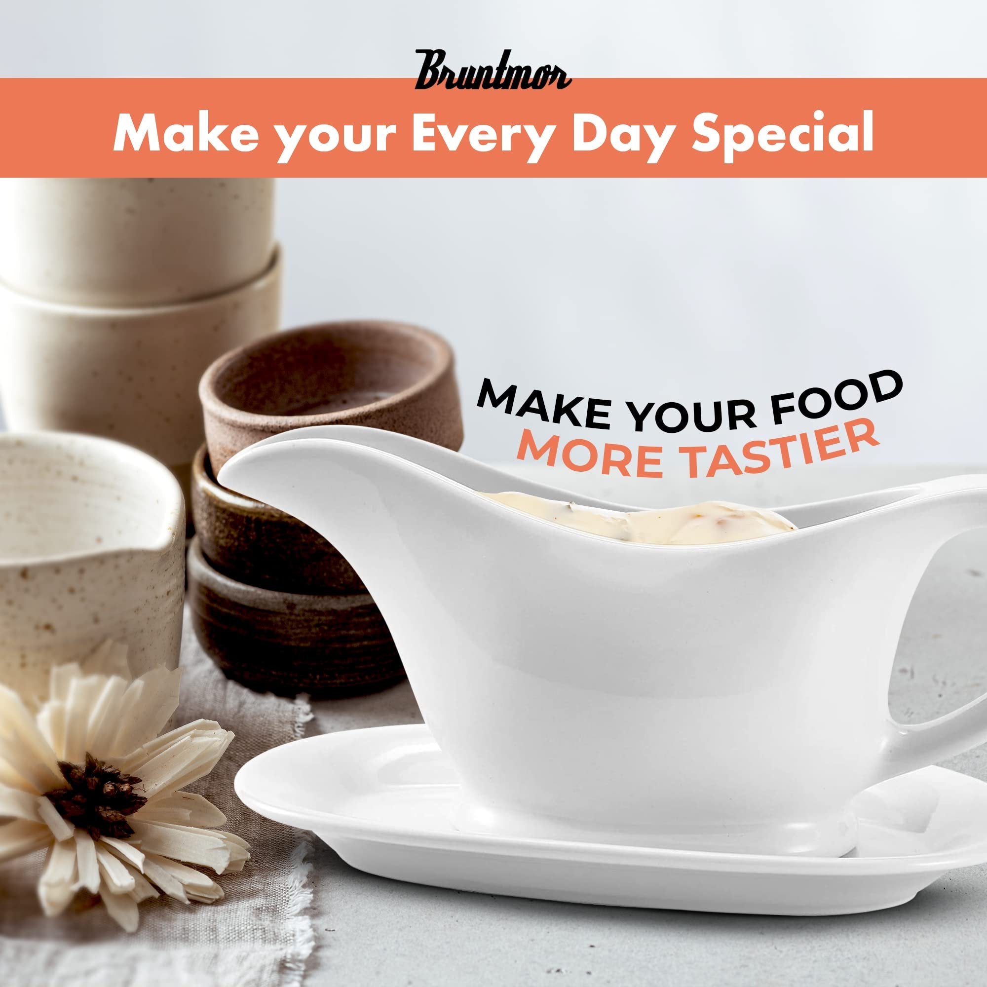 Bruntmor 11 Oz White Ceramic Gravy Boat With Tray, 11 Ounce Small Ceramic Serving Dish, Dispenser with Tray For Sauces, Gravy Boats With Saucer For Dinner