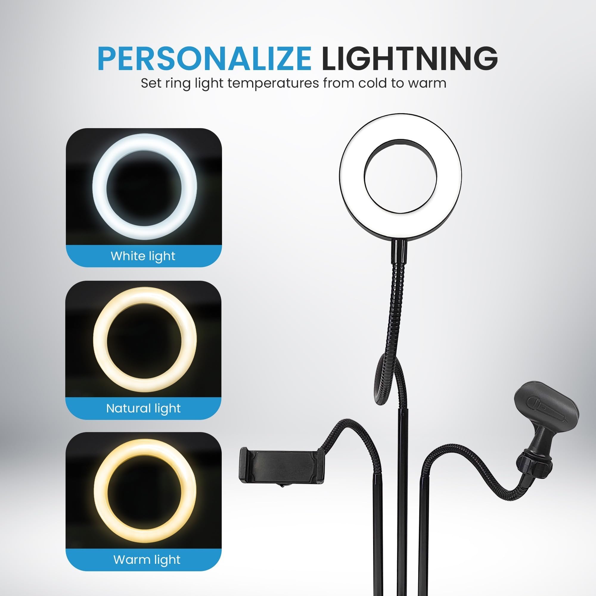 iDance LED Ring Light with Stand, 3.5", Portable Desk Ring Light with Cell Phone Mount, Microphone Holder and Tripod for Laptop, Selfie, USB Powered & Remote with Foldable & Adjustable Stand