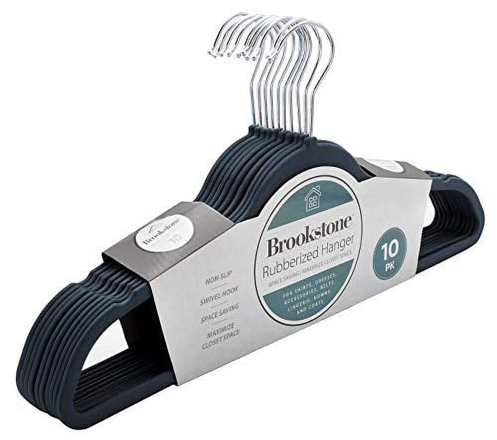 Brookstone Non-Slip Clothing Hangers with Swivel Hook, 10 Pack, Black, Rubberized