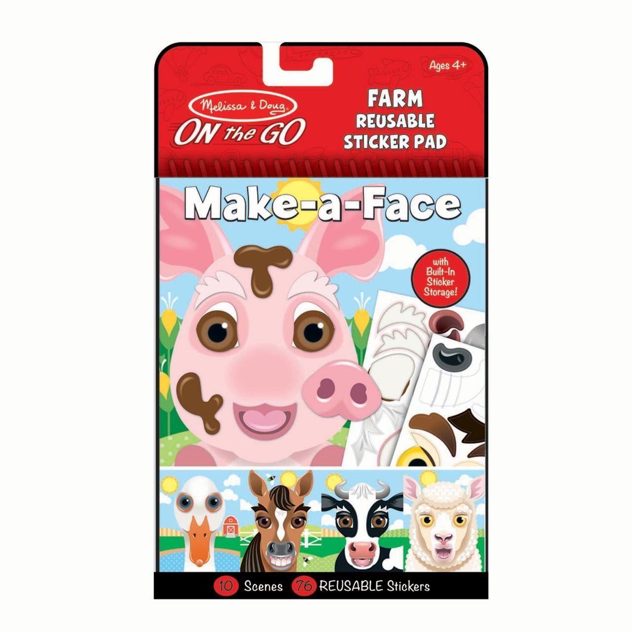 Melissa & Doug On the Go Make-a-Face Reusable Sticker Pad Travel Toy Activity Book – Farm Animals (10 Scenes, 76 Cling Stickers) - FSC Certified