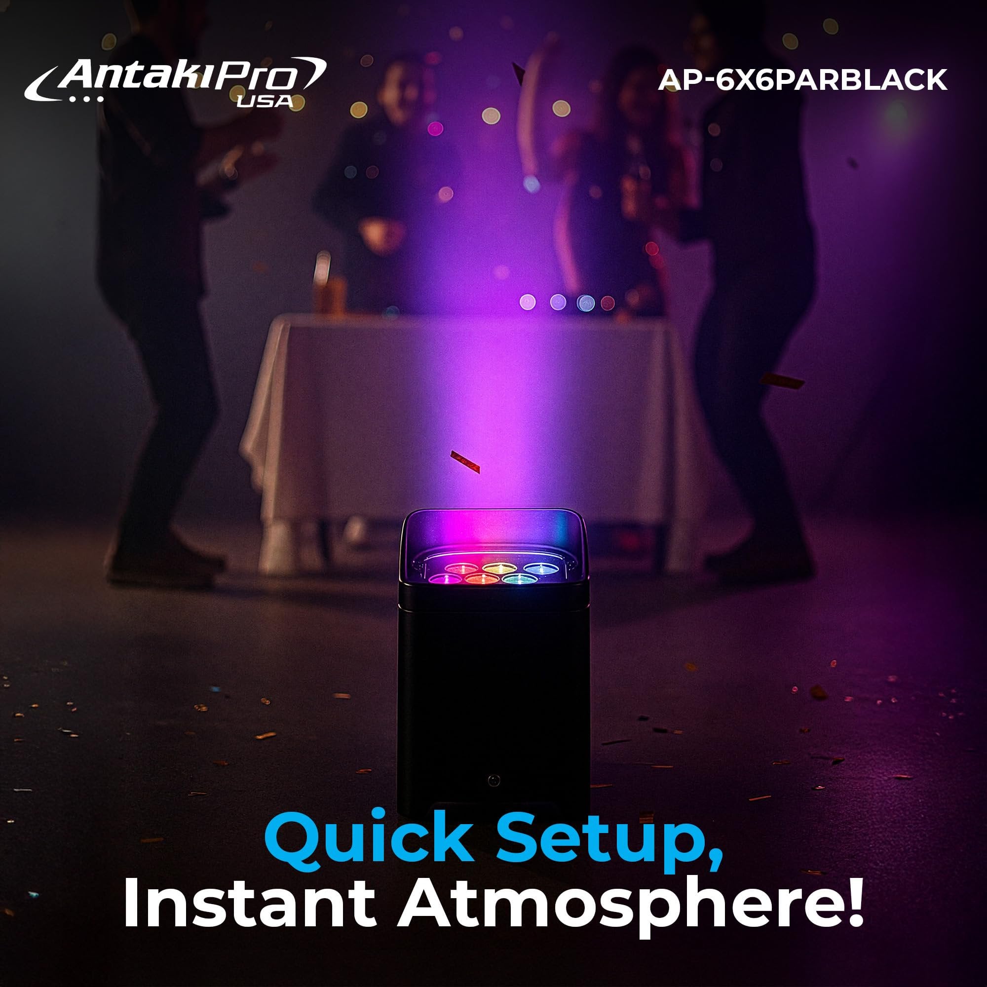 ANTAKIPRO Portable 6X6 Dynamic Stage Lighting – Wireless Battery LED Par Lights, DJ Lighting, Party Lights with 6x18W RGBWAUV, DMX512, Remote, 15°-40° Lens, 15h Runtime (Black)