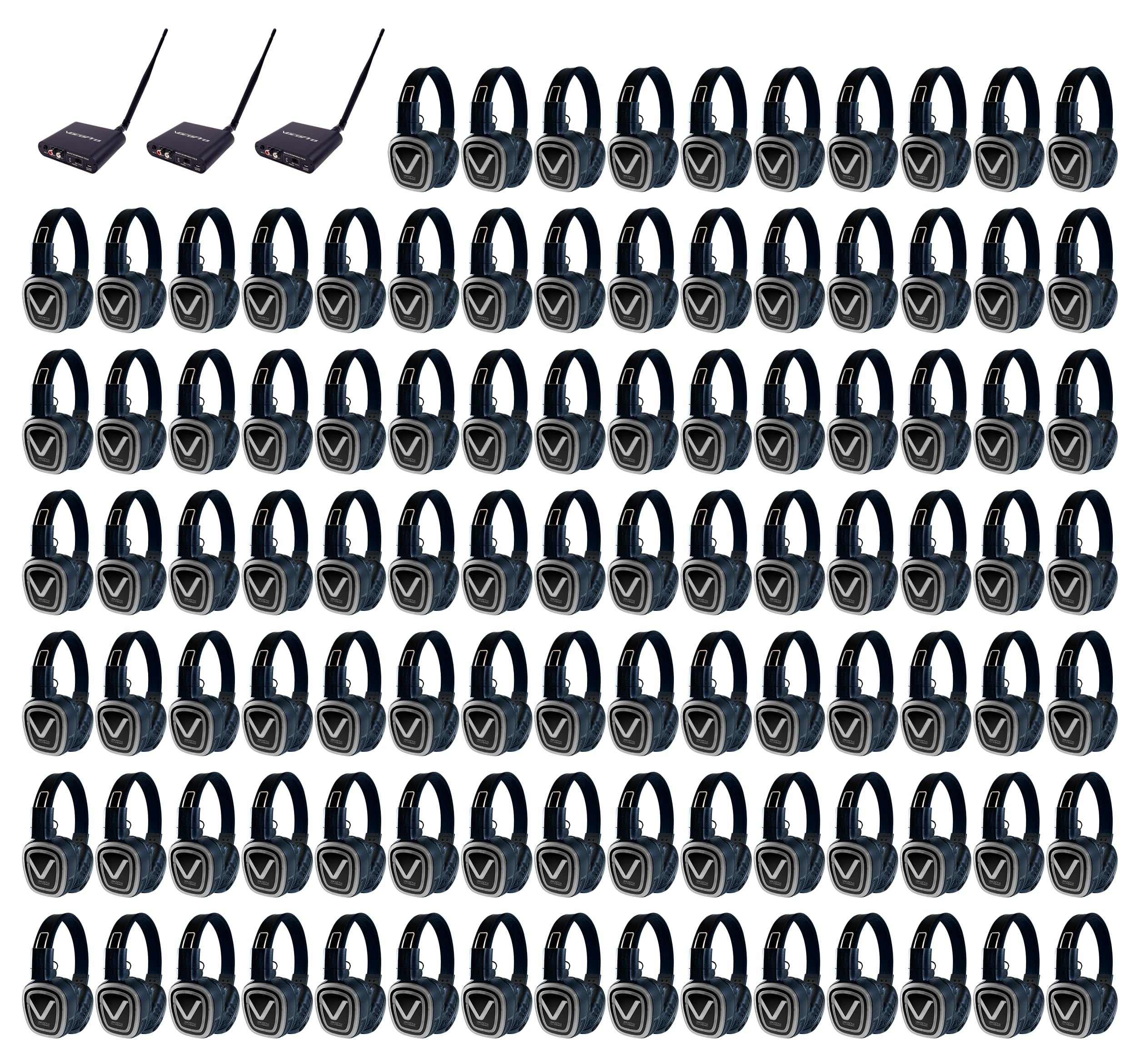 VocoPro SILENT-DISCO-PRO-3100 PRO Long-Range Silent Disco/Event Package with Three Transmitters and One-Hundred Over Ear Headphone Receivers