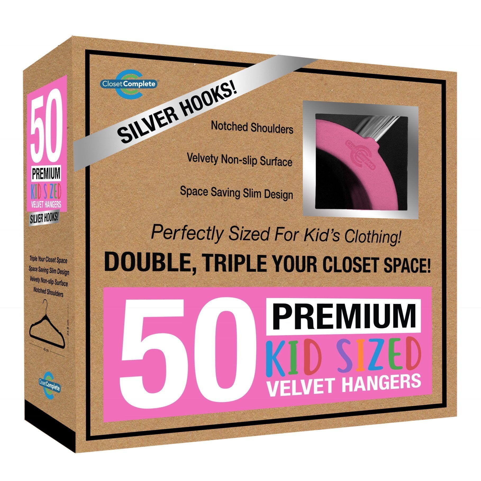 Closet Complete Kids Size, Premium Heavyweight, Virtually-UNBREAKABLE, Velvet Hangers Ultra-Thin, Space Saving, No-Slip, 360 Spin, Perfectly Sized For Kids 4-15 years, Pink, Set of 50