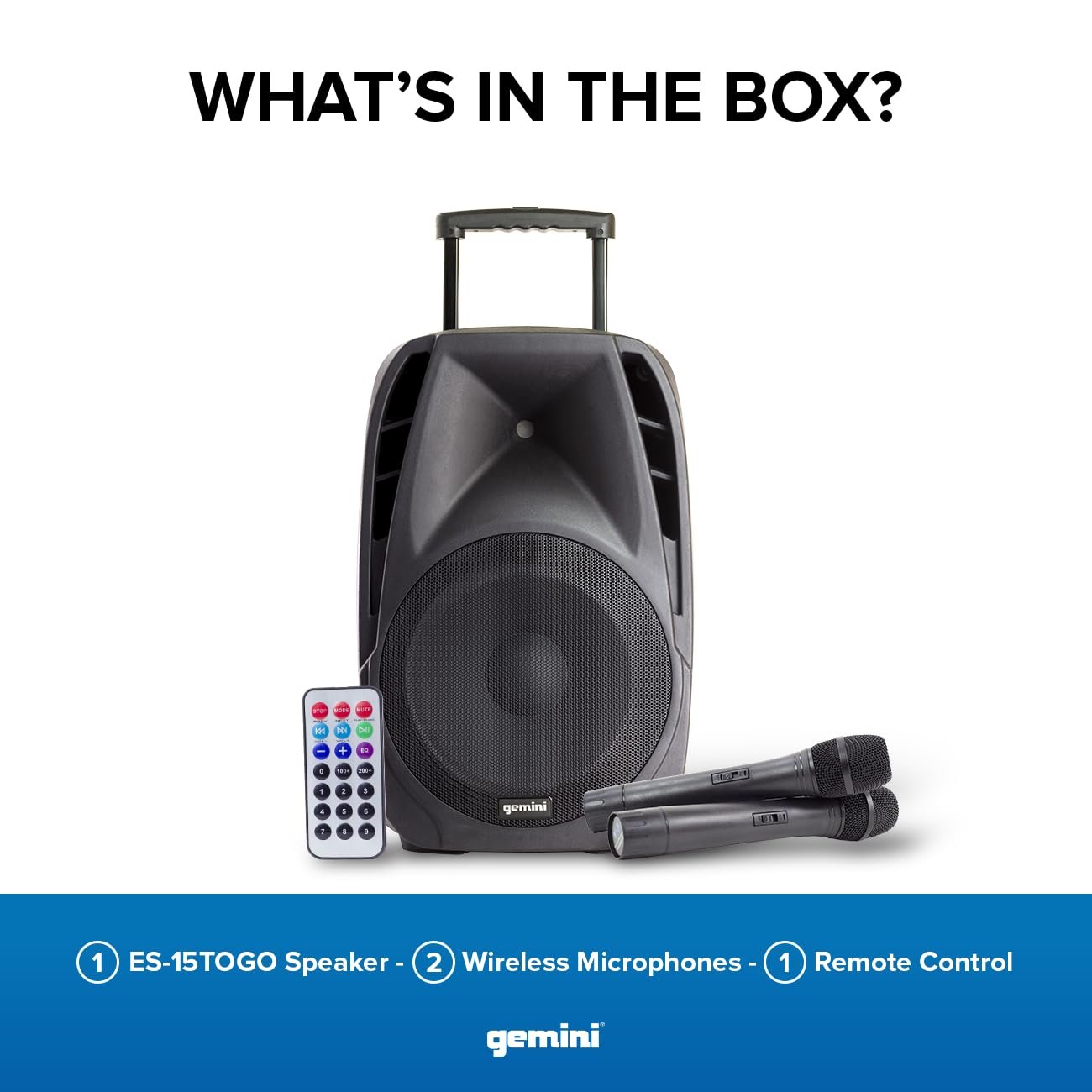 Gemini Sound ES-15TOGO Wireless Portable Bluetooth Streaming Professional DJ PA System Trolley Active 800 Watts Speaker with Dual Mic Jacks SD Card and USB Port with 2 Wireless Mic Bundle