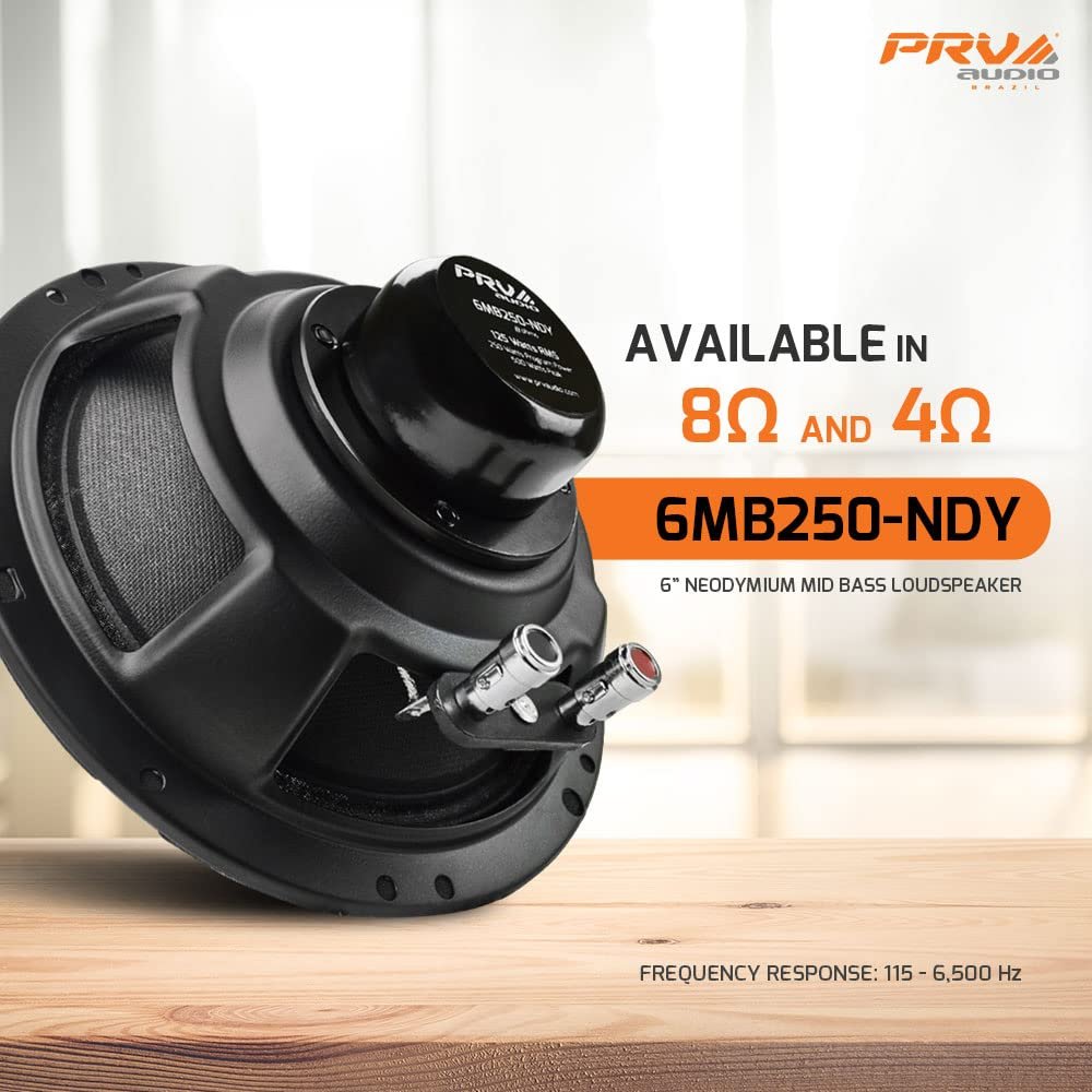 PRV AUDIO 6MB250-NDY-4 6.5 Inch Speakers Midbass Woofer 4 Ohm, Neodymium Magnet Speaker 4 Ohm 95 dB 125 Watts RMS Power, 250 Watts Program Power Loudspeaker (Single)