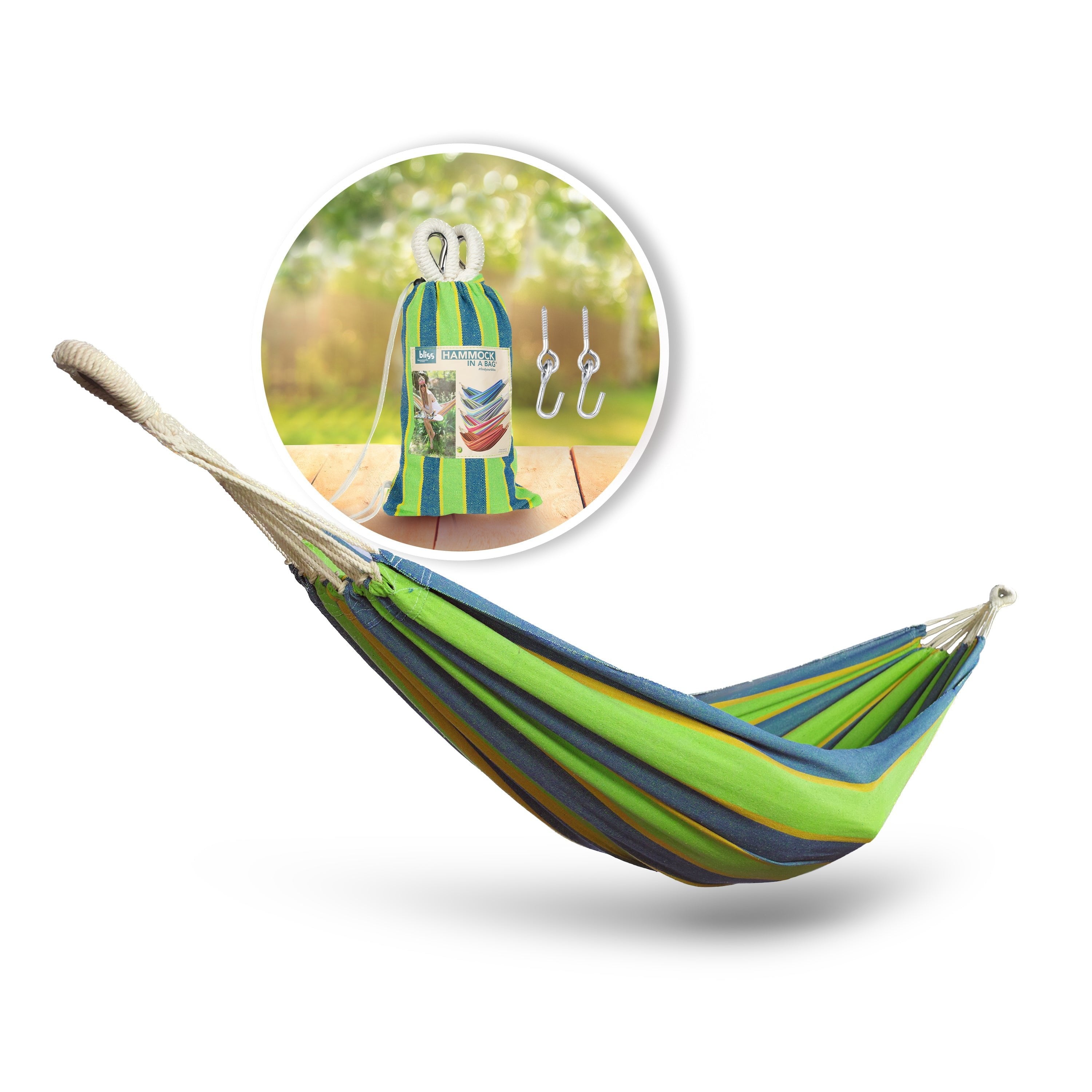 Bliss Hammocks BH-400-MD Hammock in a Bag w/ Rope loops & Hanging Hardware | 40-in. Wide | 220 Lb. Capacity (Mediterranean Stripe)