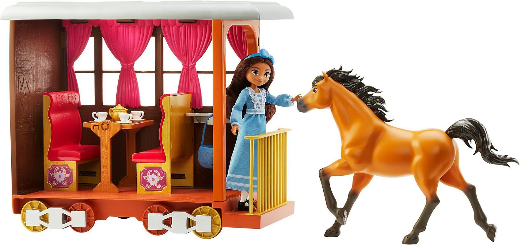 Mattel Spirit Untamed Lucky’s Train Home Playset, Train with Rolling Wheels Balcony, Dining Accessories, Lucky Doll (7-in), Spirit (Approx.8-in) & More, Great Gift for Ages 3 Years Old & Up