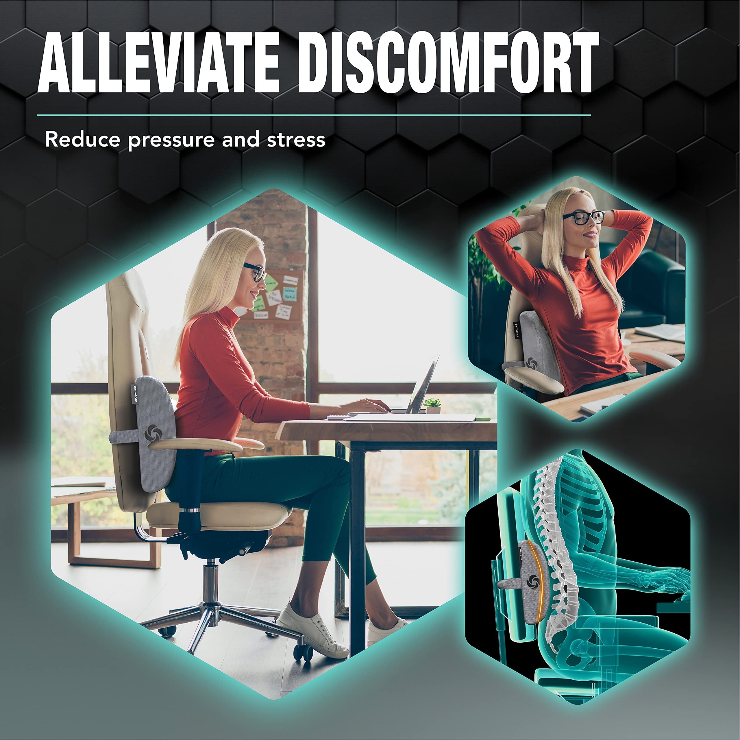 SAMSONITE Lumbar Support Pillow for Office Chair and Car Seat, Perfectly Balanced Memory Foam, Versatile Use Lower Back Cushion, Gray