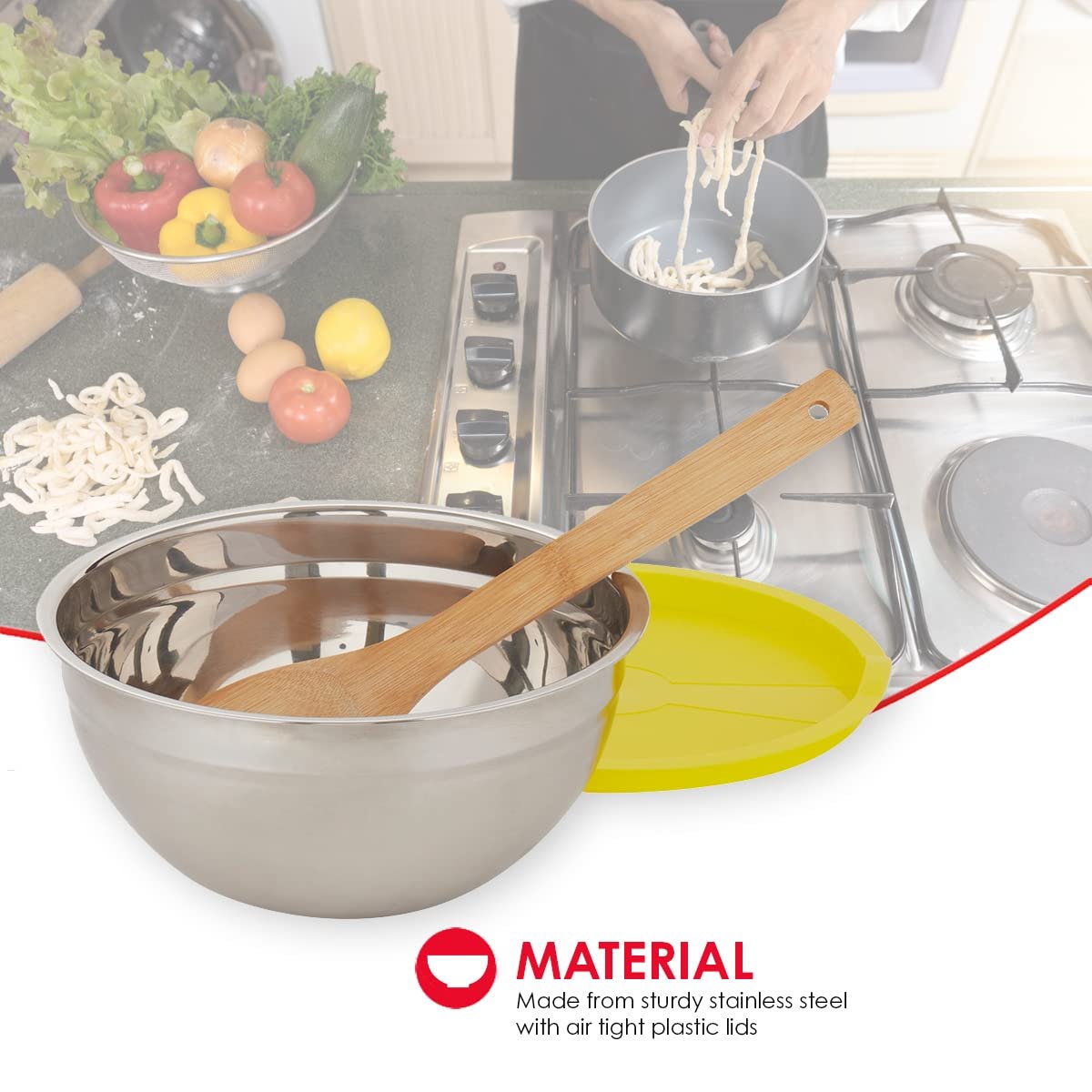 Home Basics 6 Piece Stainless Steel Nesting Mixing Bowls with Lids | Colorful Lids for Each Size Mixing Bowl | Tabs on Each Side of Lid for Lifting | High Sides for Mixing | 48, 83.2 & 134.4 Oz Sizing