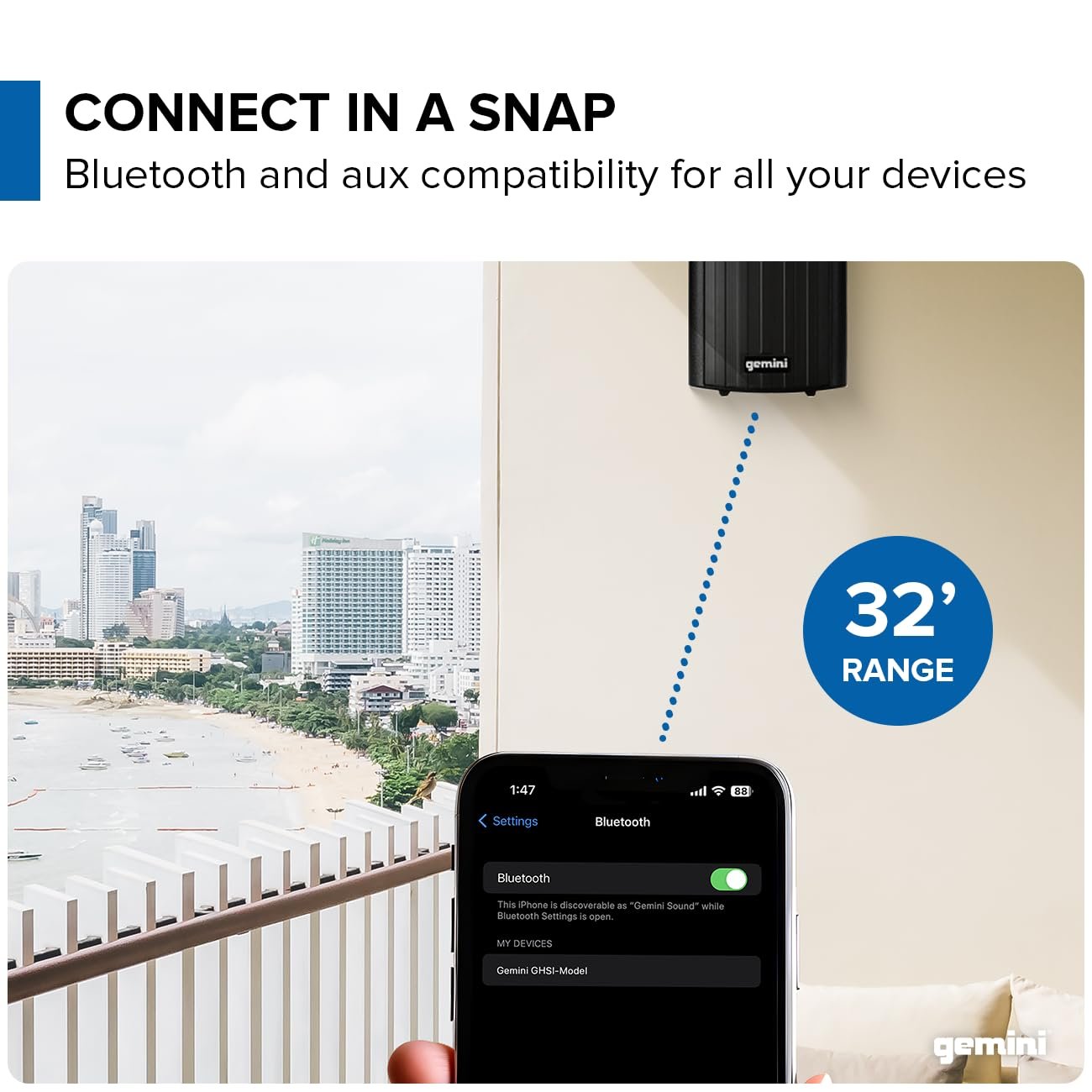 Gemini Sound GHSI-W400BT-PR-BLK 4" Inch Powerfull Bass Woofer 100 Watt Peak Power Waterproof Bluetooth Wall & Ceiling Mount Wired Speakers Pair - Easy Daisy Chain for Home Outdoor Pool & Patio, Black