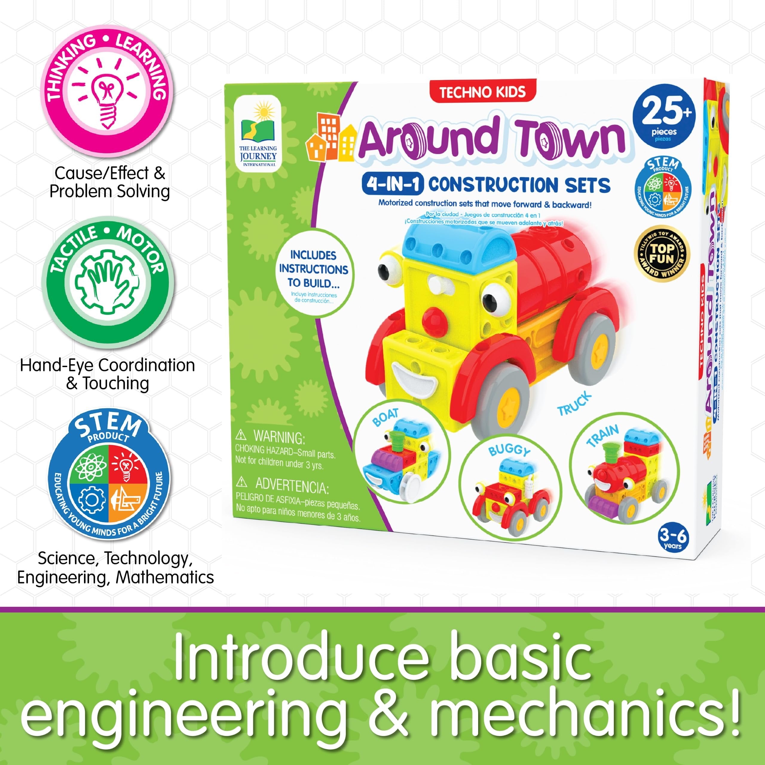 The Learning Journey: Techno Kids 4-in-1 Around Town - Kids Moblie Vehicles Construction Combo Set - Interlocking - Interchangeable STEM Toy Gear Sets for Children Preschool- Ages 3 Years and Up