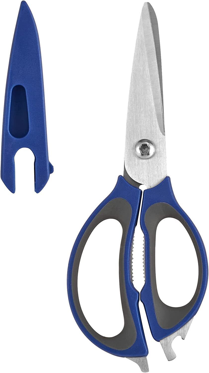 Copco 4-in-1 Ultimate Soft Grip Stainless Steel Kitchen Shears with Blade Cover, 10.83-Inch, Royal Blue and Gray