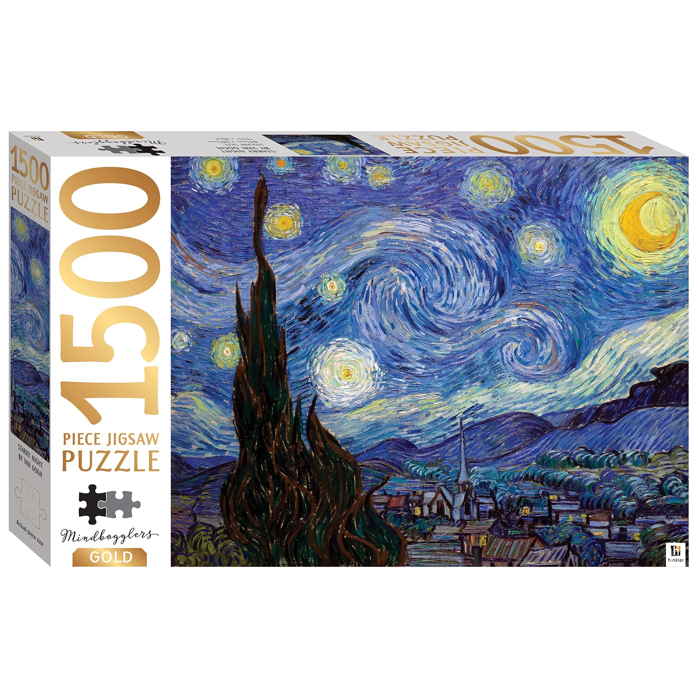Mindbogglers Gold 1500-Piece Jigsaw Puzzle: Starry Night by Van Gogh - Jigsaws for Adults - Deluxe Jigsaw Puzzles - 33x26in - Intricate Puzzles - Advanced Jigsaws - Hobbies - Gold Foil Jigsaw Puzzles