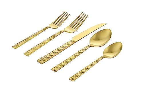 Godinger 20-Piece Flatware Set - Dinner Forks, Salad Forks, Tea Spoons, Tablespoons, and Knives - 18/0 Stainless Steel in Luxurious Satin Gold Finish